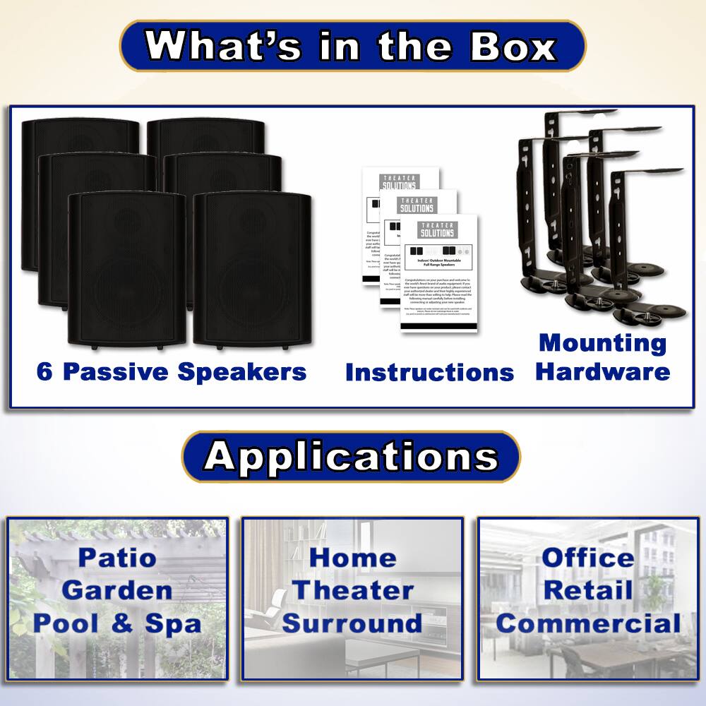 What's in the Box

- 6 Passive Speakers
- Instructions
- Mounting Hardware

Applications

- Patio Garden Pool & Spa
- Home Theater Surround
- Office Retail Commercial