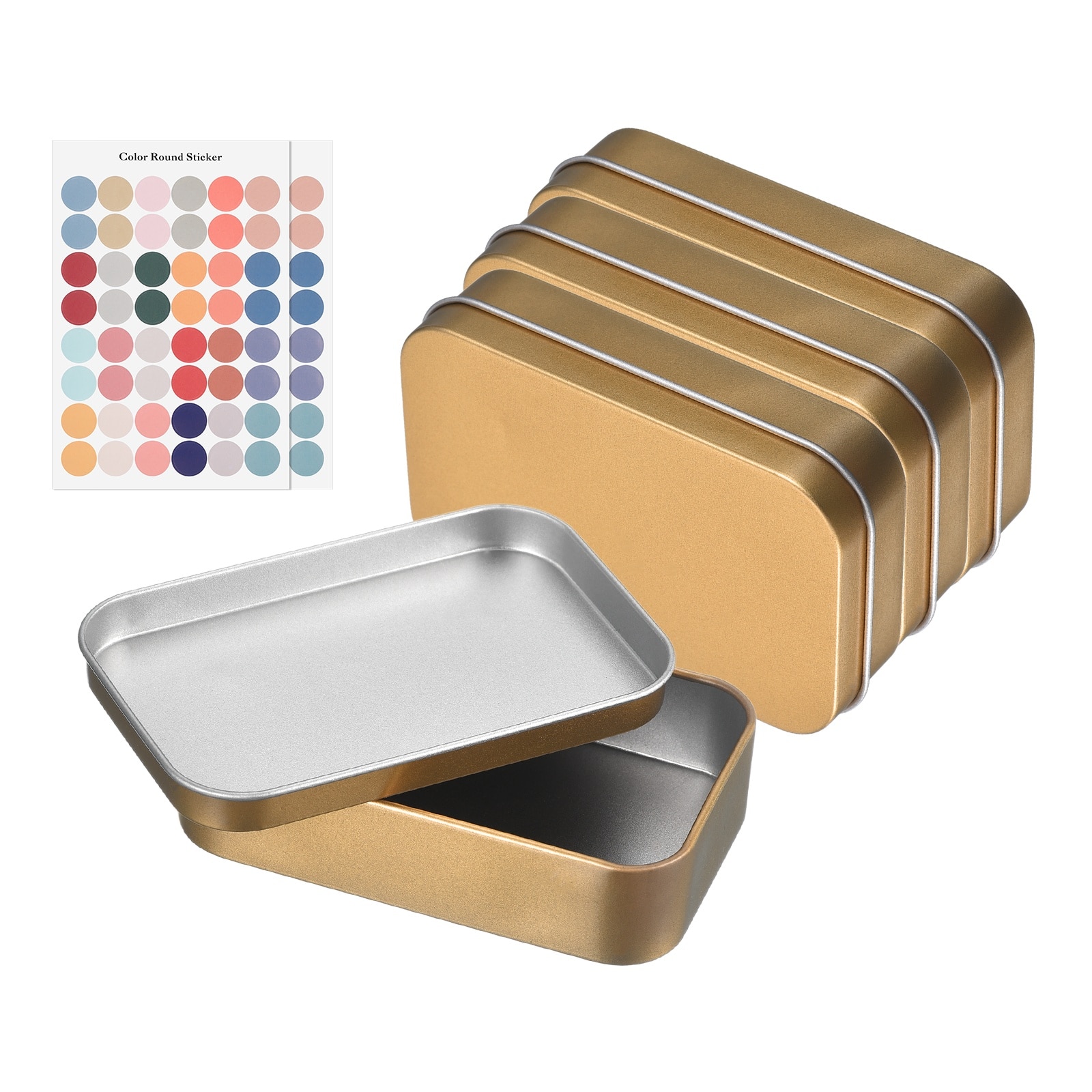 Unique Bargains - 4pcs Metal Tin Box, 3.7x2.4x0.9" Rectangular with Self-Adhesive Stickers, Mini Storage for Candy Drawing Pin Crafts - Champagne Gold