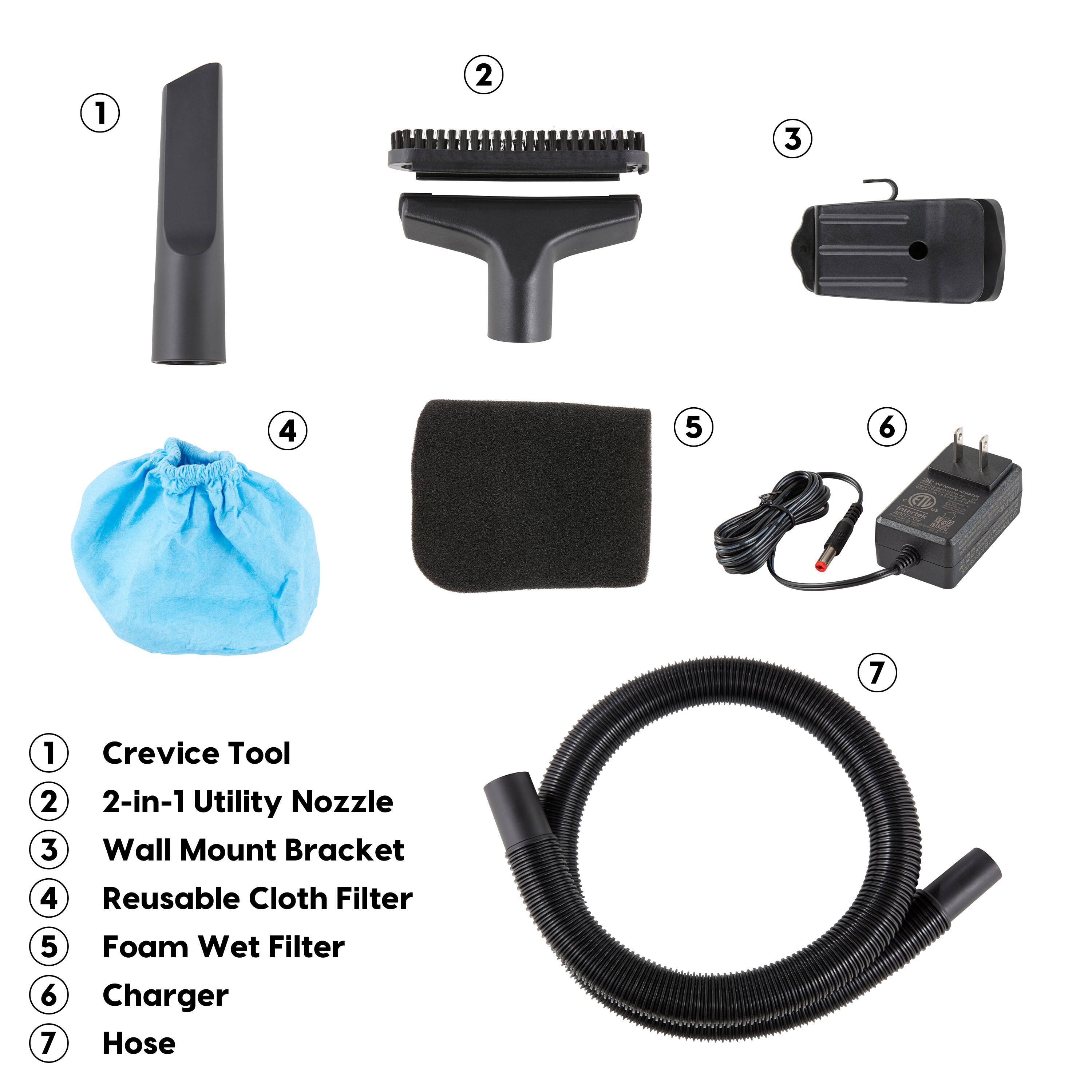 1
2
3
4
5
6
7
1 2 3
Crevice Tool 2-in-1 Utility Nozzle Wall Mount Bracket
4 Reusable Cloth Filter
5 6 7
Foam Wet Filter Charger Hose