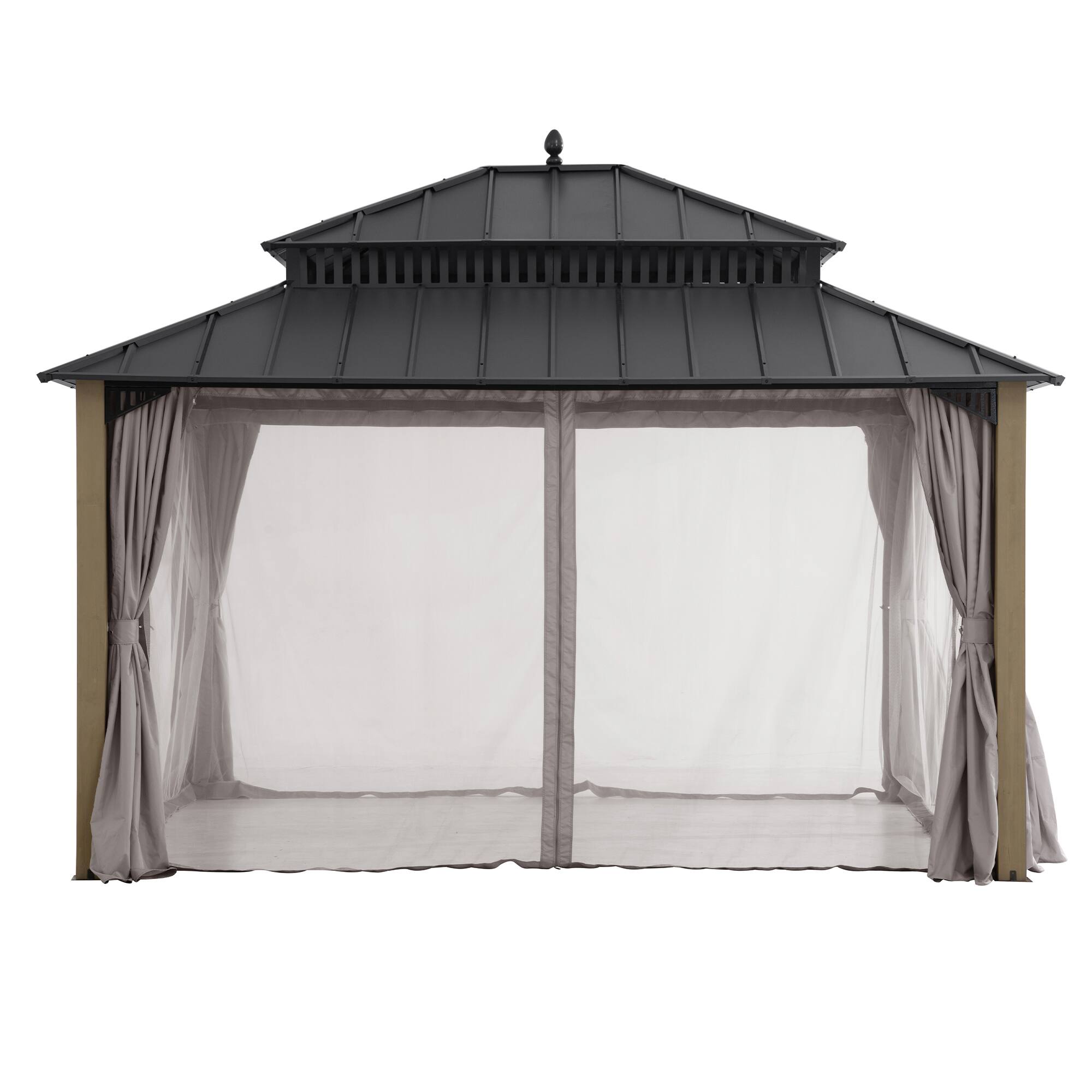 Alt View 8. SUNJOY - SUNJOY Kingston 14x12 Gazebo, Steel Hardtop Gazebo with Curtain and Netting - Cedar Posts - Black.