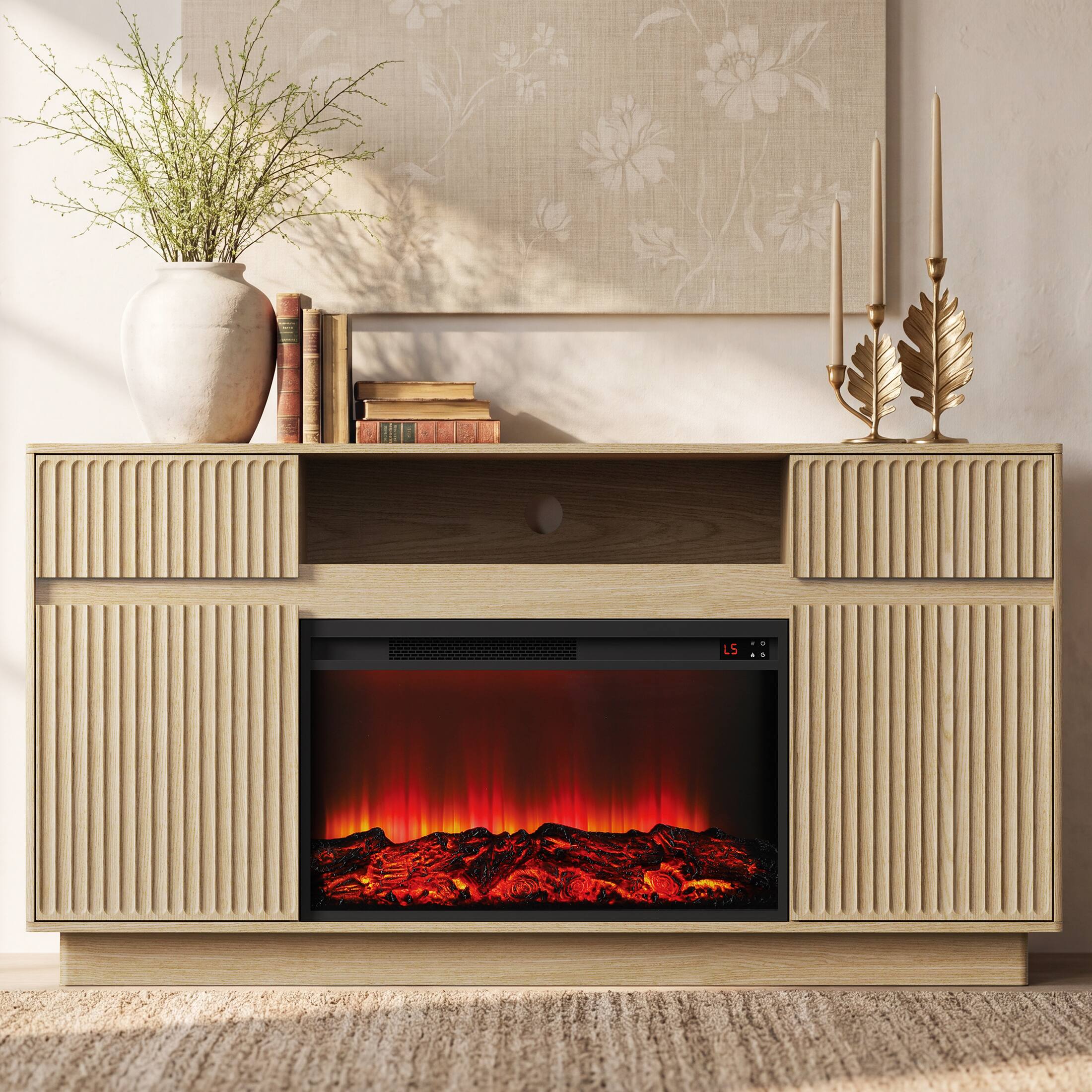 Alt View 3. paproos - Fireplace TV Stand with 30" Electric Fireplace, Modern Fireplace Entertainment Center Fits TVs up to 70" for Living Room - Natural Wood.