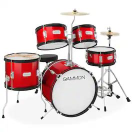 Gammon Percussion - 5pc Kids Drum Set - Junior Beginner Percussion Kit with Stool and Stands - Red