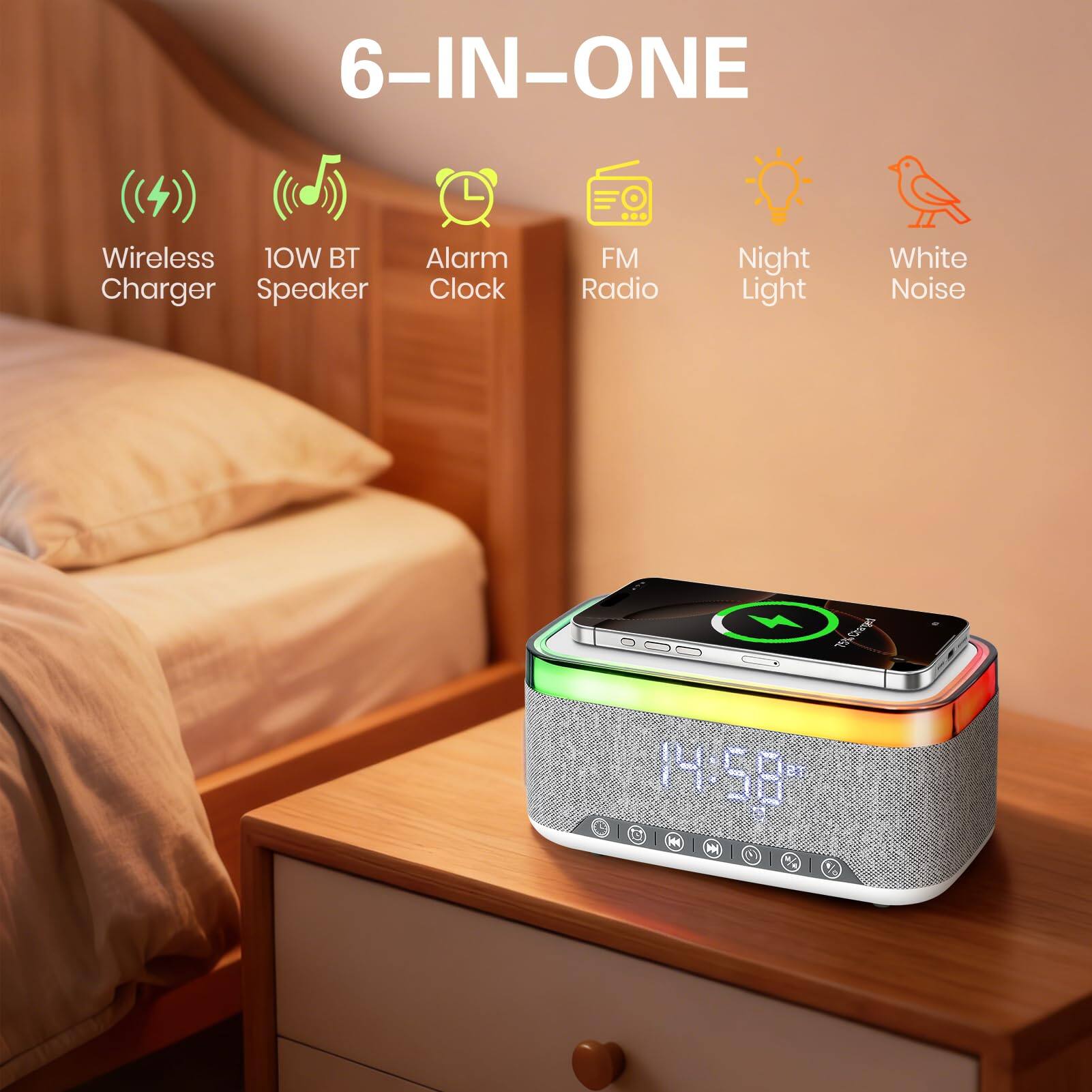 6-IN-ONE Wireless 10W BT Alarm Charger Speaker Clock FM Radio Night Light White Noise

14:58*