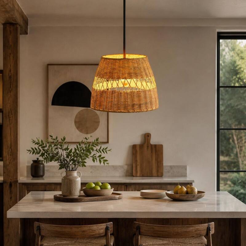 Left. RYHNUYNE - Boho Pendant Light,Drum Hanging Light,Farmhouse Ceiling Light for Dining Room Kitchen Island - Black.