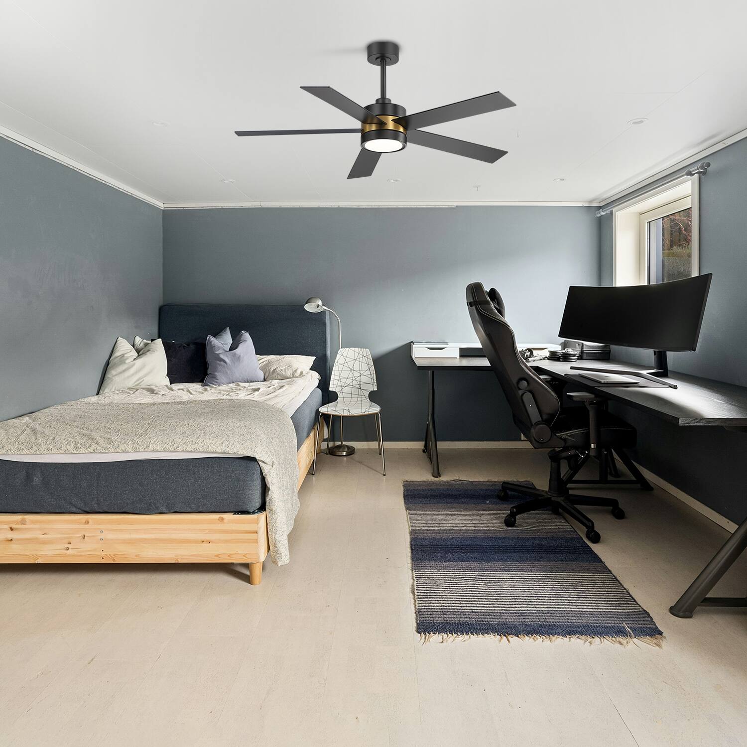 Alt View 8. Breezary - 52-In Indoor Ceiling Fan with Led Light, 5 Plywood Blades, 6-Speed DC Motor, Remote, Timer with Memory, 5/10'' Downrods - Black and Gold.