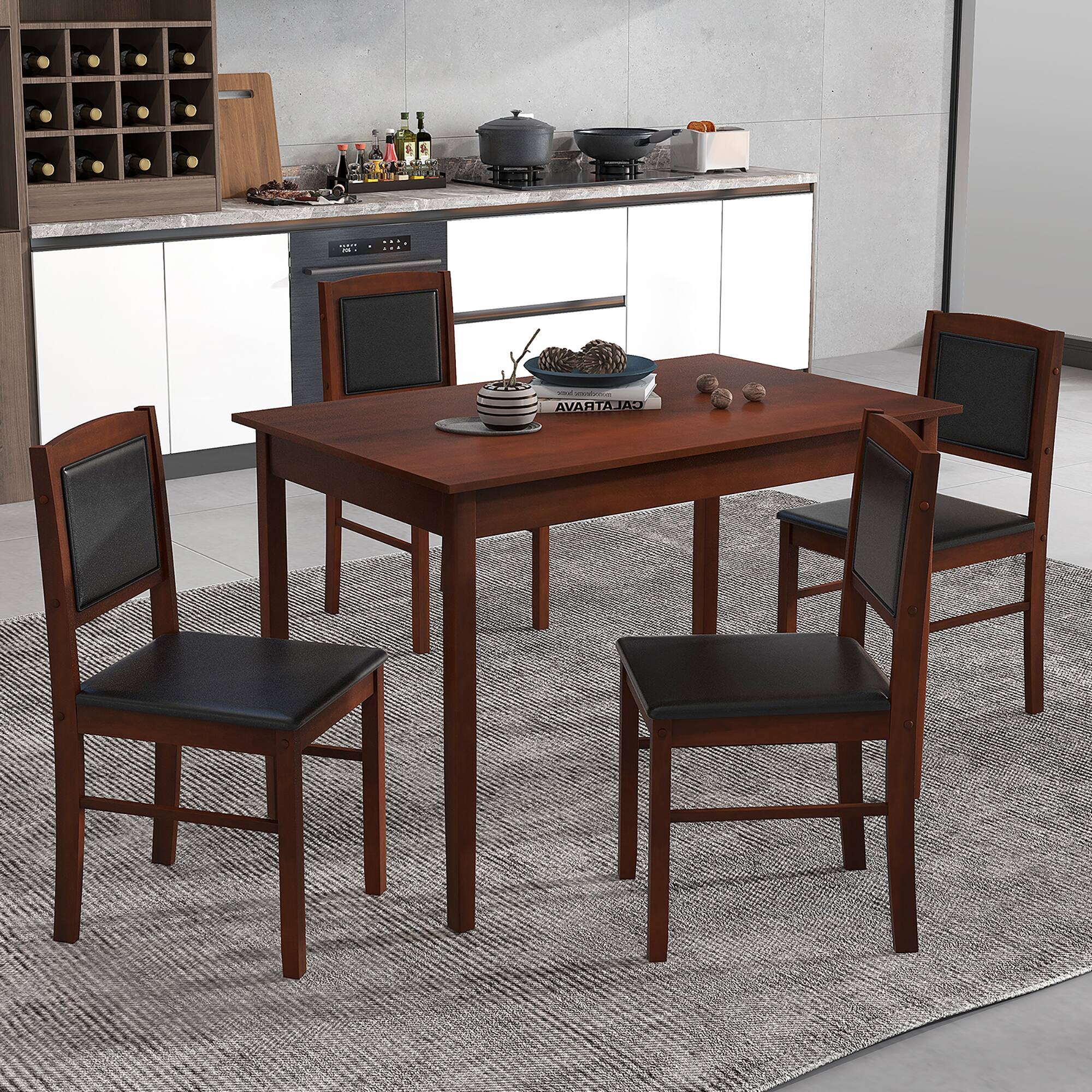 Alt View 4. Gymax - Gymax 5 PCS Dining Table Set for 4 w/Rubber Wood Legs Upholstered Seat Padded Backrest Brown - Brown.