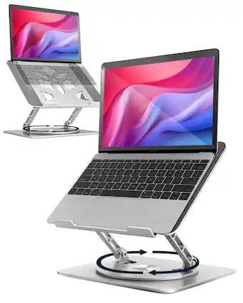 Front. HongFei - 360° Rotating Laptop Stand for Desk, Adjustable, Foldable, Portable Aluminum Ergonomic Riser - Silver.