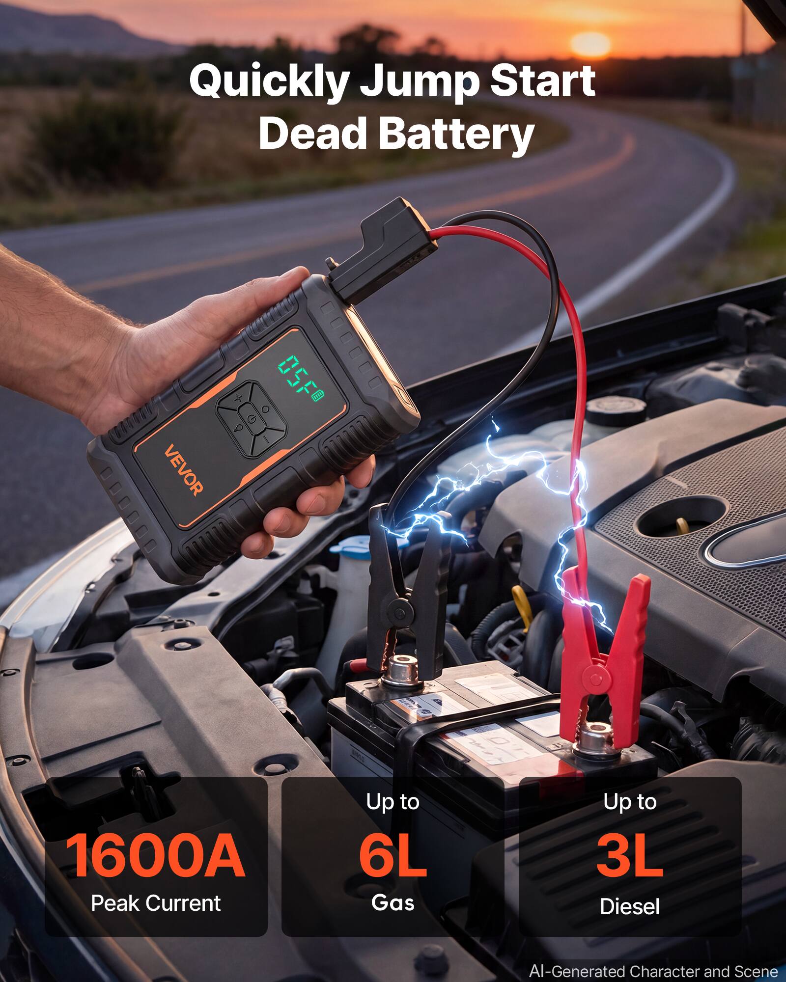 Quickly Jump Start Dead Battery

VEVOR

1600A Peak Current

Up to 6L Gas

Up to 3L Diesel

AI-Generated Character and Scene