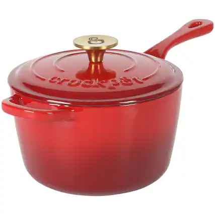 Front. Crockpot - Crock-Pot Artisan 3 Quart Enameled Cast Iron Saucepan with Lid in Red and Gold - Red and Gold.