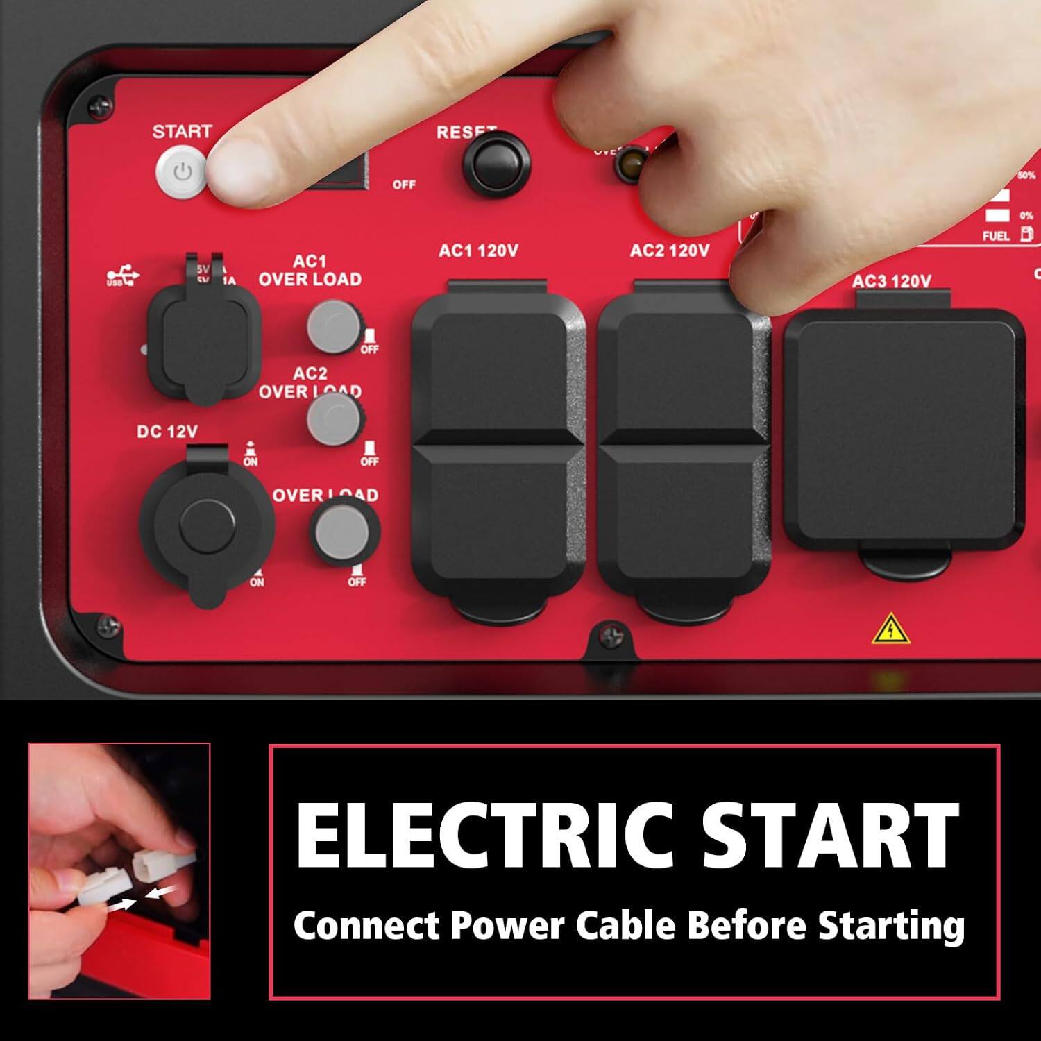 START  
RESET  
OFF  
50%  
0%  
USB  
5V CV  
IA  
AC1 OVER LOAD  
AC1 120V  
AC2 120V  
AC3 120V  
FUEL  
C  
OFF  
AC2 OVER LOAD  
DC 12V  
ON  
OVER LOAD  
ON  
OFF  
1  
ELECTRIC START  
Connect Power Cable Before Starting