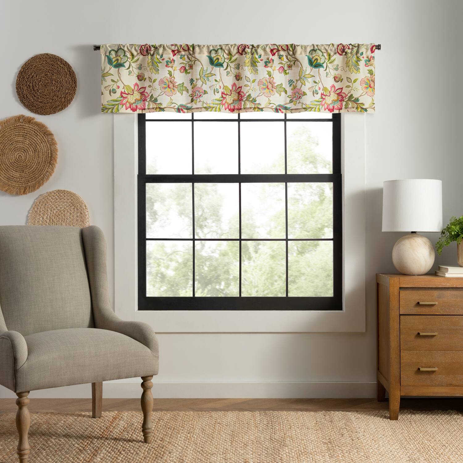 Angle. Ellis Curtain - ELLIS 100% Polyester Brissac Rod Pocket Tailored Colrful Jacobean Pattern Valance 70" x 15" Red - Red.