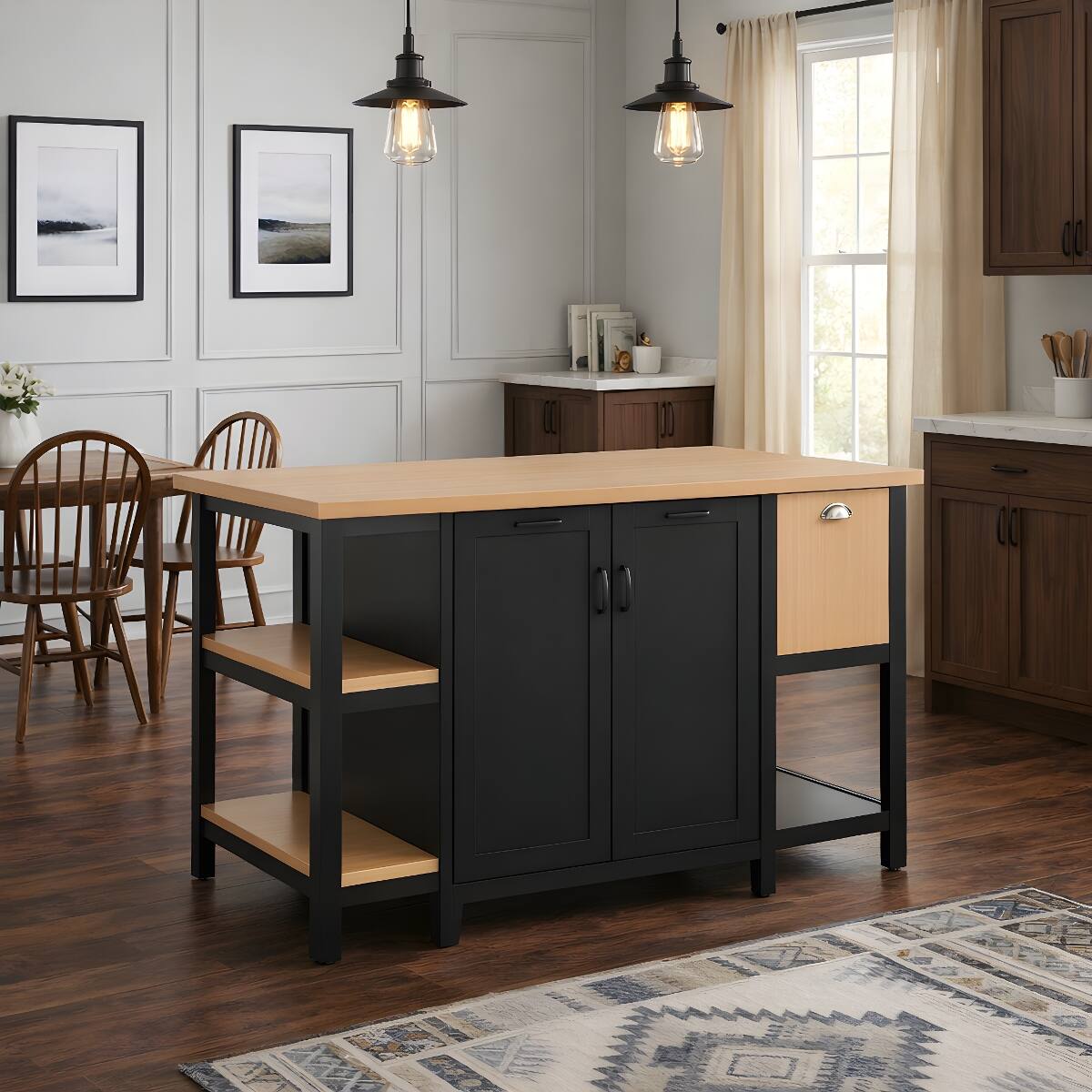 Left. Loheer - Loheer 58 inch freestanding kitchen island, kitchen prep table with storage, black and natural wood tone - Black + Natural.