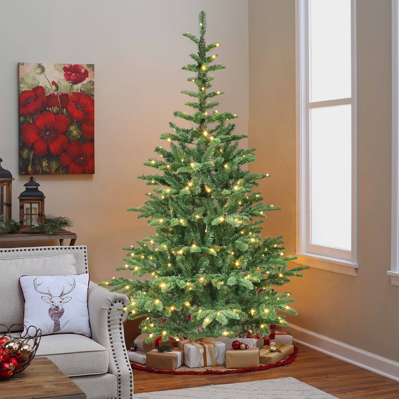 Angle. BreeBe - 6ft Pre-Lit Christmas Tree with 300 Warm White LED Lights - Green.