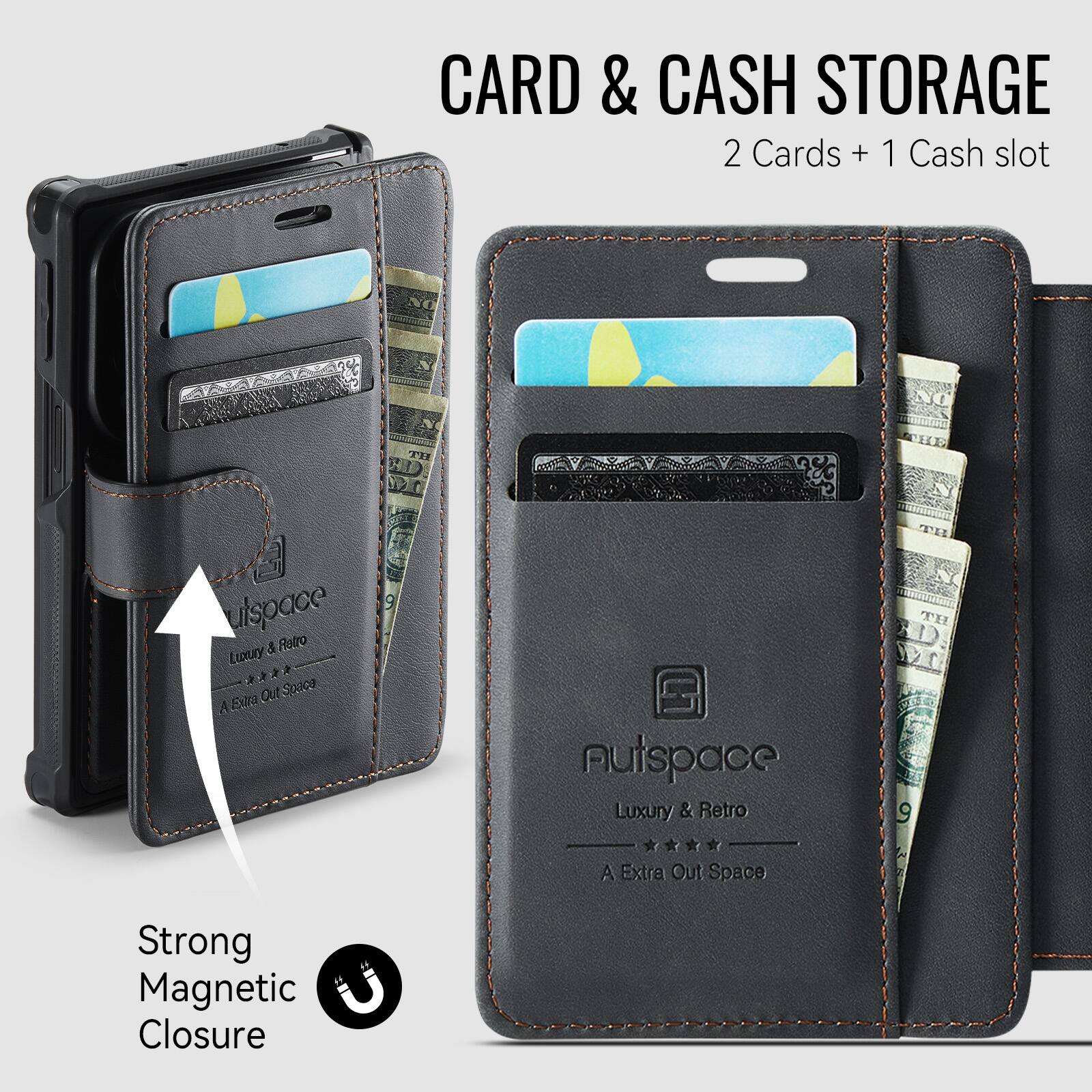 CARD & CASH STORAGE  
2 Cards + 1 Cash slot  

NO  
NO  

Autspace Luxury & Retro  
A Extra Out Space  

Strong Magnetic Closure