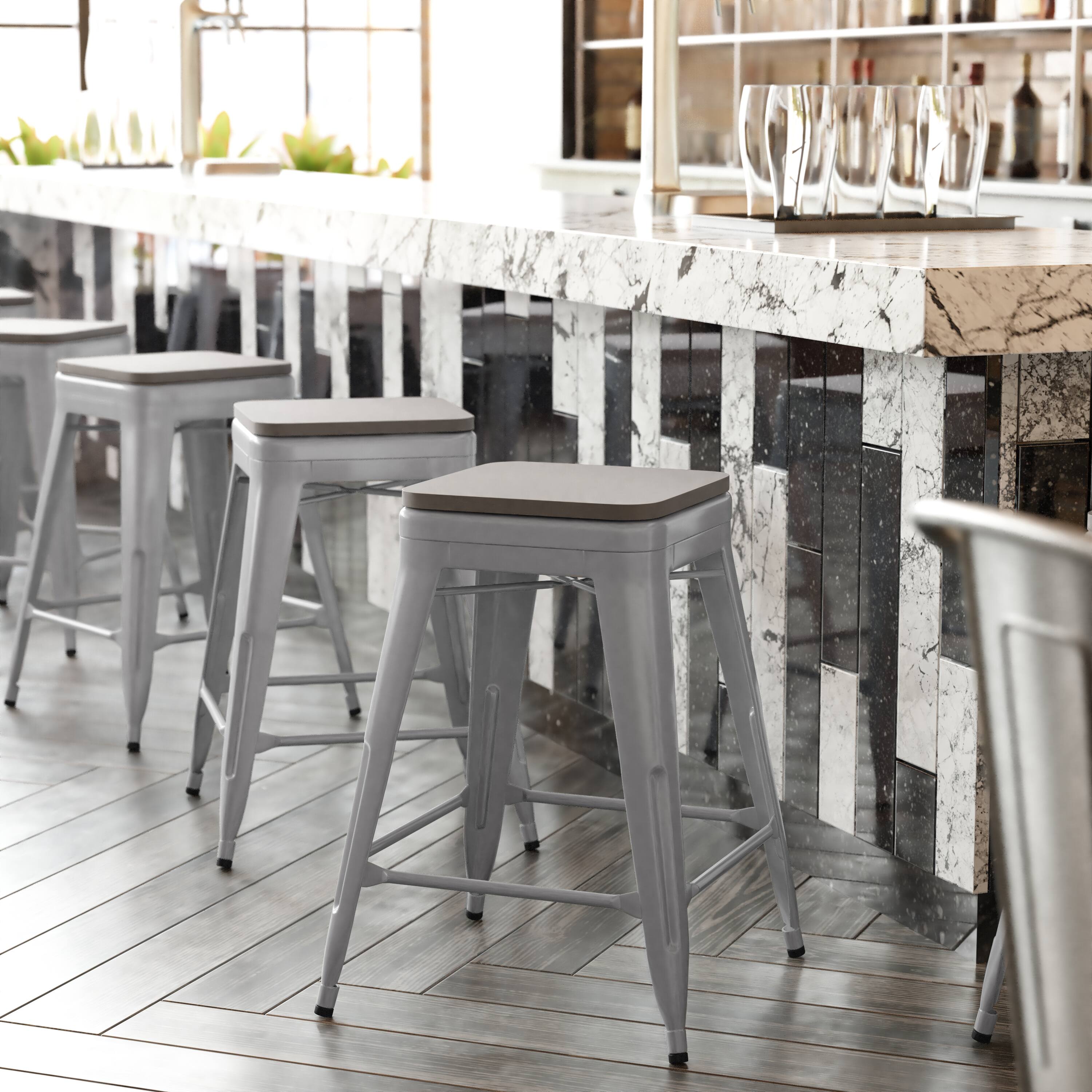 Alt View 1. Emma + Oliver - Kam Backless Metal Indoor-Outdoor Stool with All-Weather Polystyrene Seat - Gray Seat/Silver Frame.