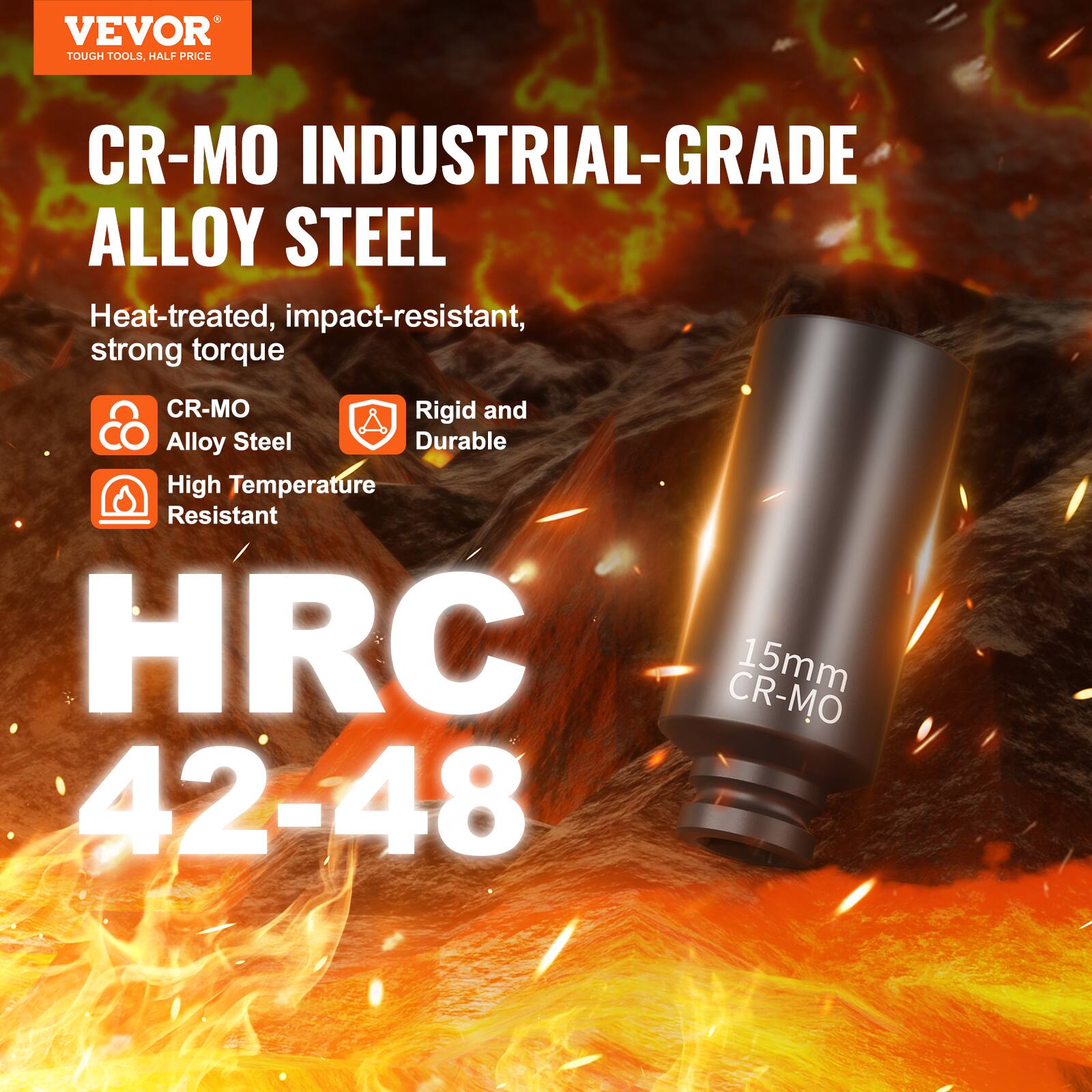 VEVOR TOUGH TOOLS HALF PRICE CR-MO INDUSTRIAL-GRADE ALLOY STEEL Heat-treated, impact-resistant, strong torque CR-MO Rigid and Durable High Temperature Resistant HRC 42-48 15mm CR-MO