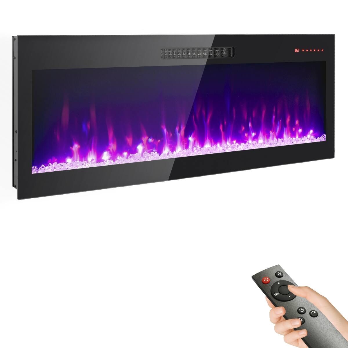 Loheer - 50 inch recessed electric fireplace Ultra Thin Tempered Glass Wall Mounted Heater with Remote - Antique Black