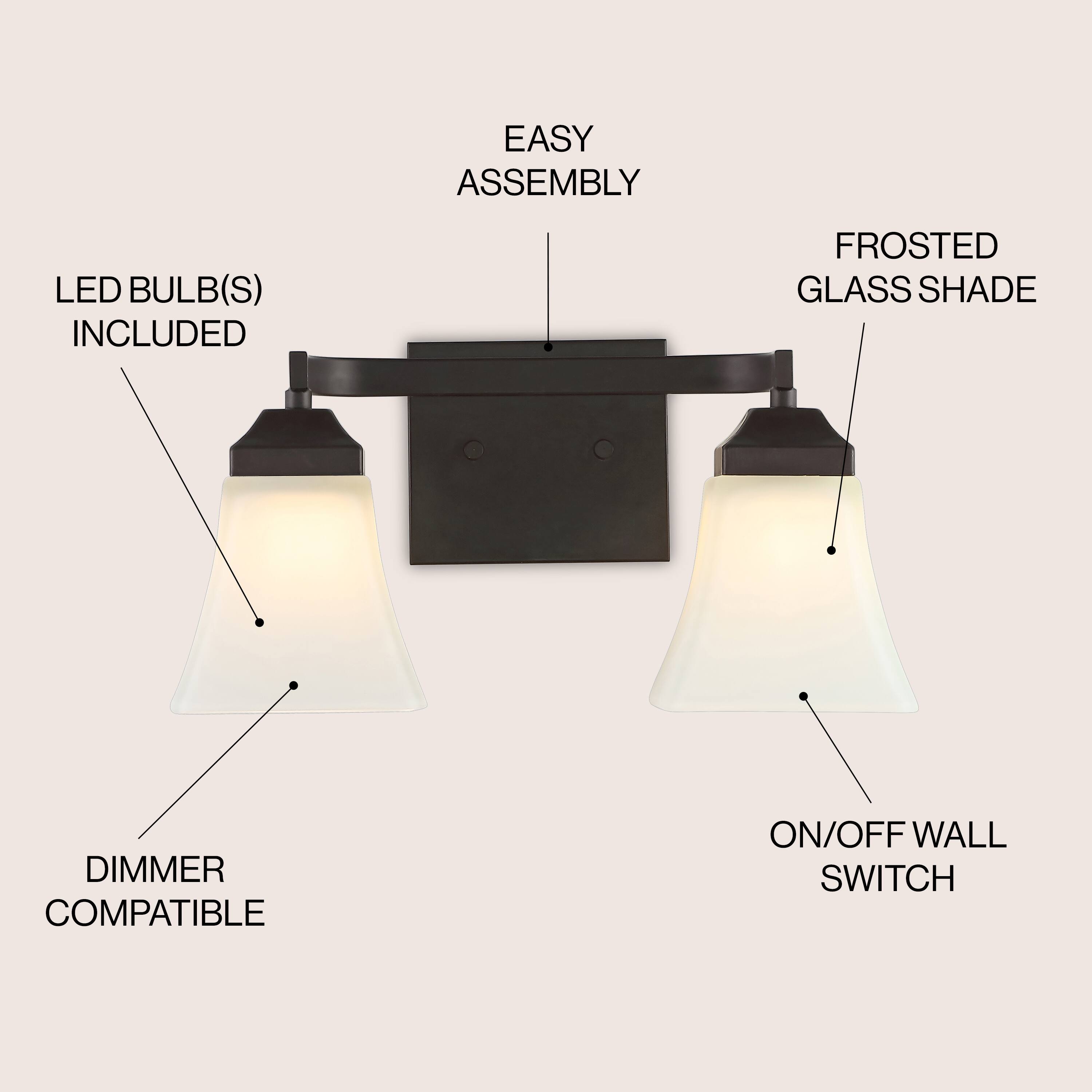 EASY ASSEMBLY  
LED BULB(S) INCLUDED  
FROSTED GLASS SHADE  
DIMMER COMPATIBLE  
ON/OFF WALL SWITCH