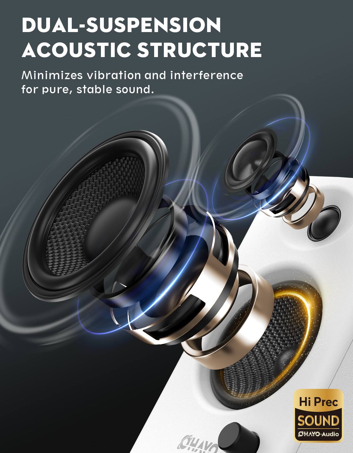 DUAL-SUSPENSION ACOUSTIC STRUCTURE  
Minimizes vibration and interference for pure, stable sound.  

HAVO Hi Prec SOUND  
OHAYO-Audio