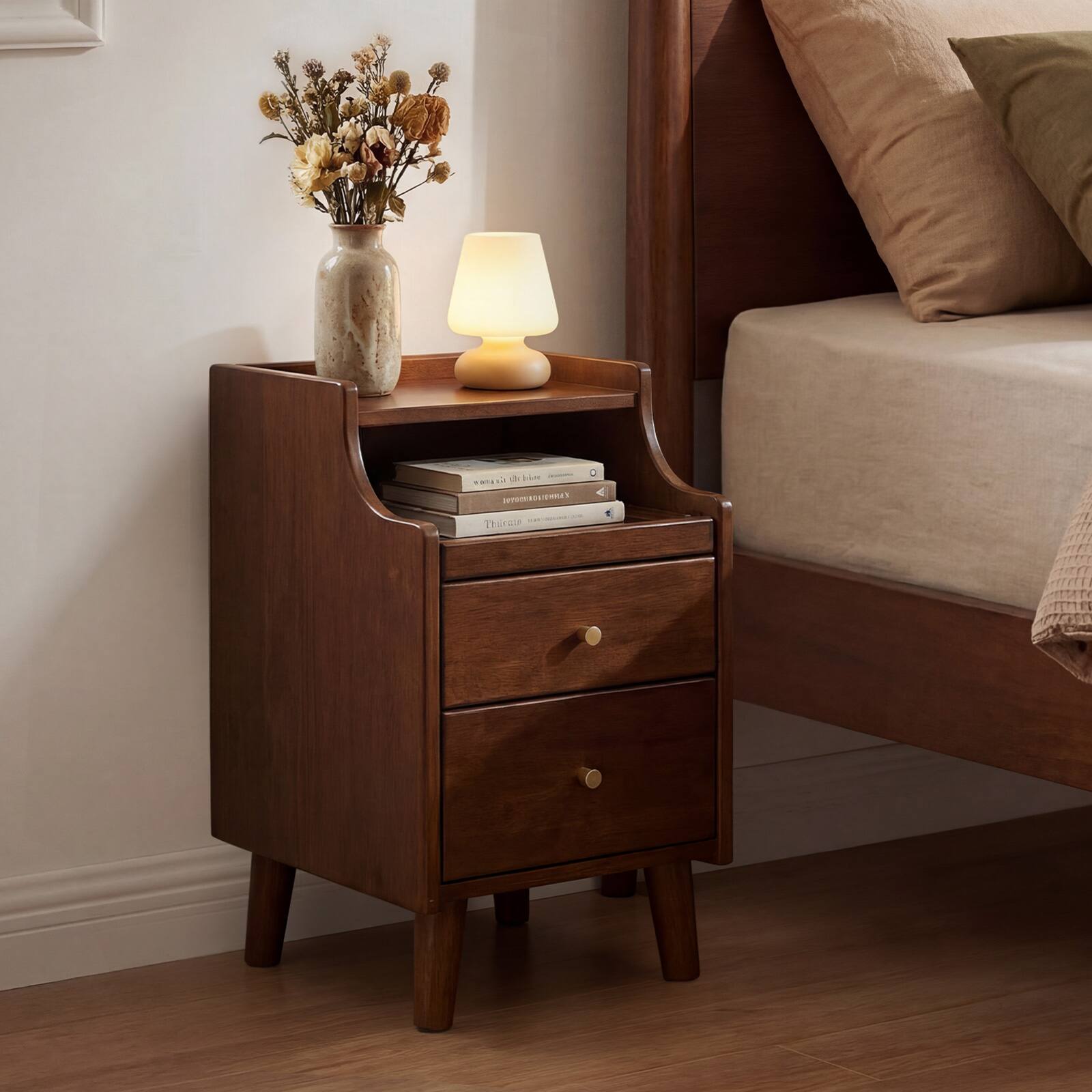 Alt View 4. Gymax - Gymax 2Pcs Wood Nightstand w/ 2 Drawers Narrow Bedside Table w/ Pull-out Tray - Brown.