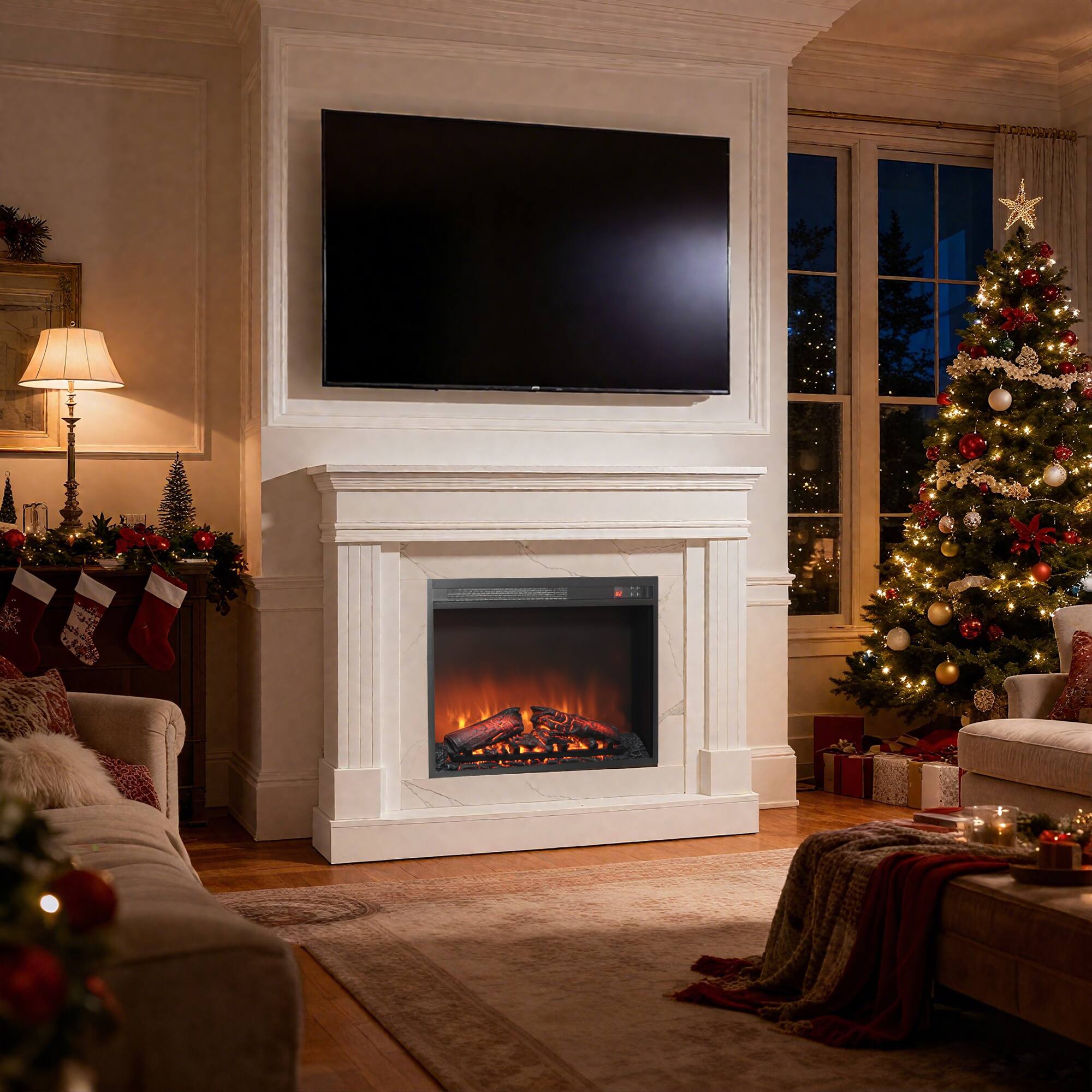Angle. Tiramisubest - 44" Electric Fireplace with Mantel,23" Fireplace Insert Heater,Realistic Log and Flame Effect,Remote Control,Timer - Jasmine White.