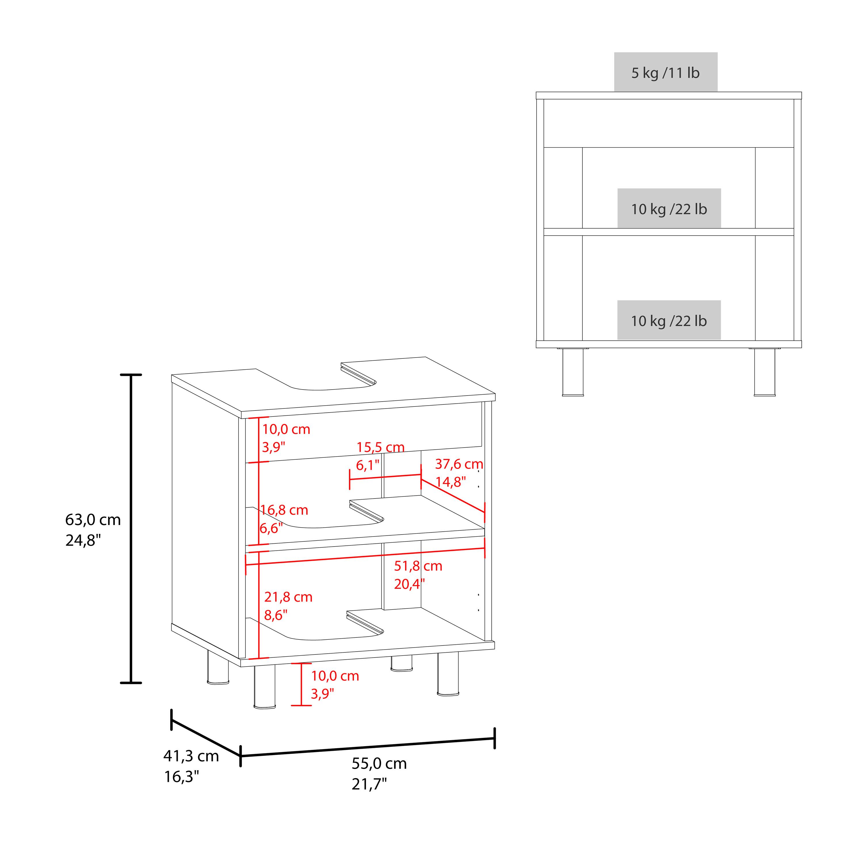 5 kg / 11 lb  
10 kg / 22 lb  
10 kg / 22 lb  

10.0 cm / 3.9"  
15.5 cm / 6.1"  
37.6 cm / 14.8"  
63.0 cm / 24.8"  
16.8 cm / 6.6"  
21.8 cm / 8.6"  
51.8 cm / 20.4"  
10.0 cm / 3.9"  
41.3 cm / 16.3"  
55.0 cm / 21.7"