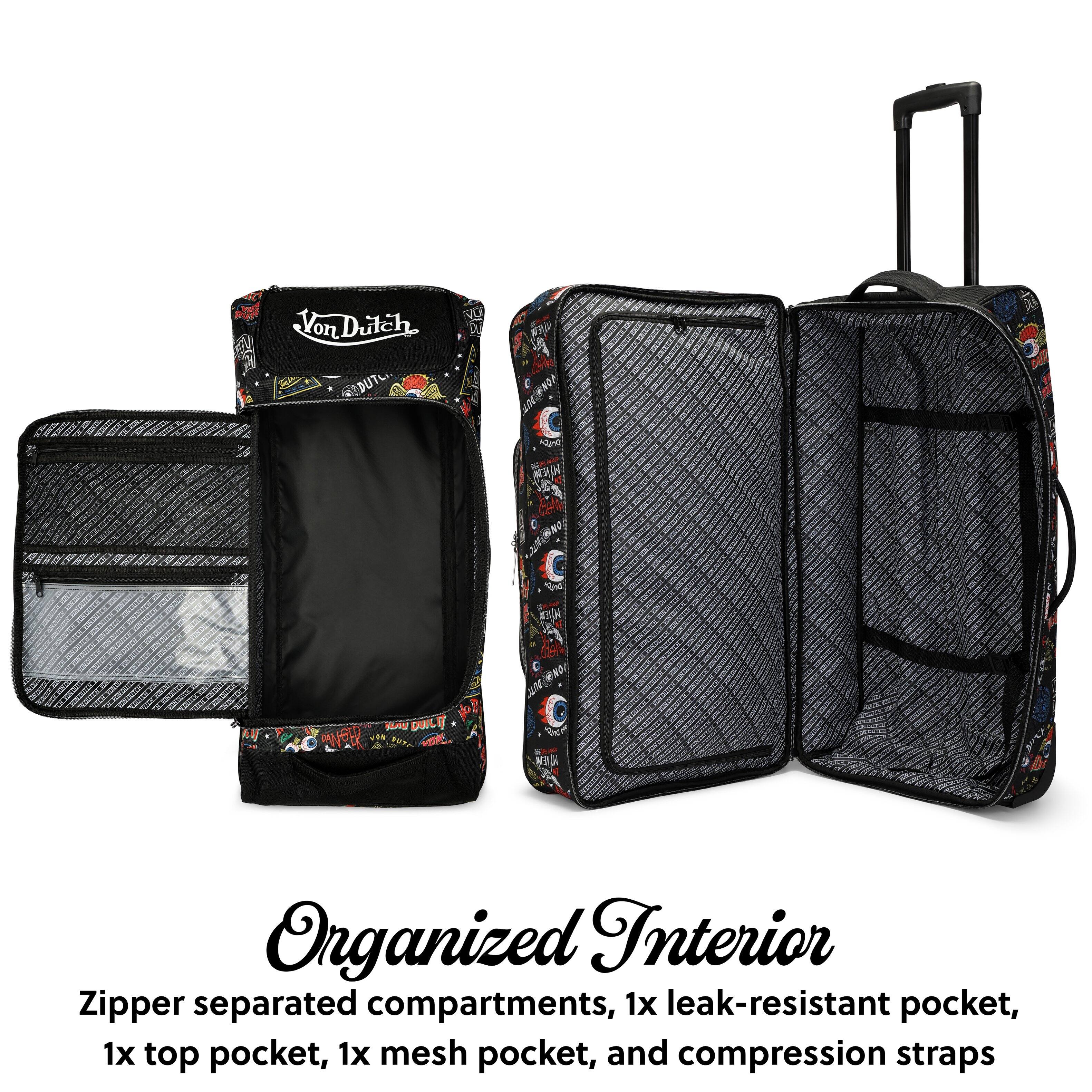 Organized Interior  
Zipper separated compartments, 1x leak-resistant pocket, 1x top pocket, 1x mesh pocket, and compression straps