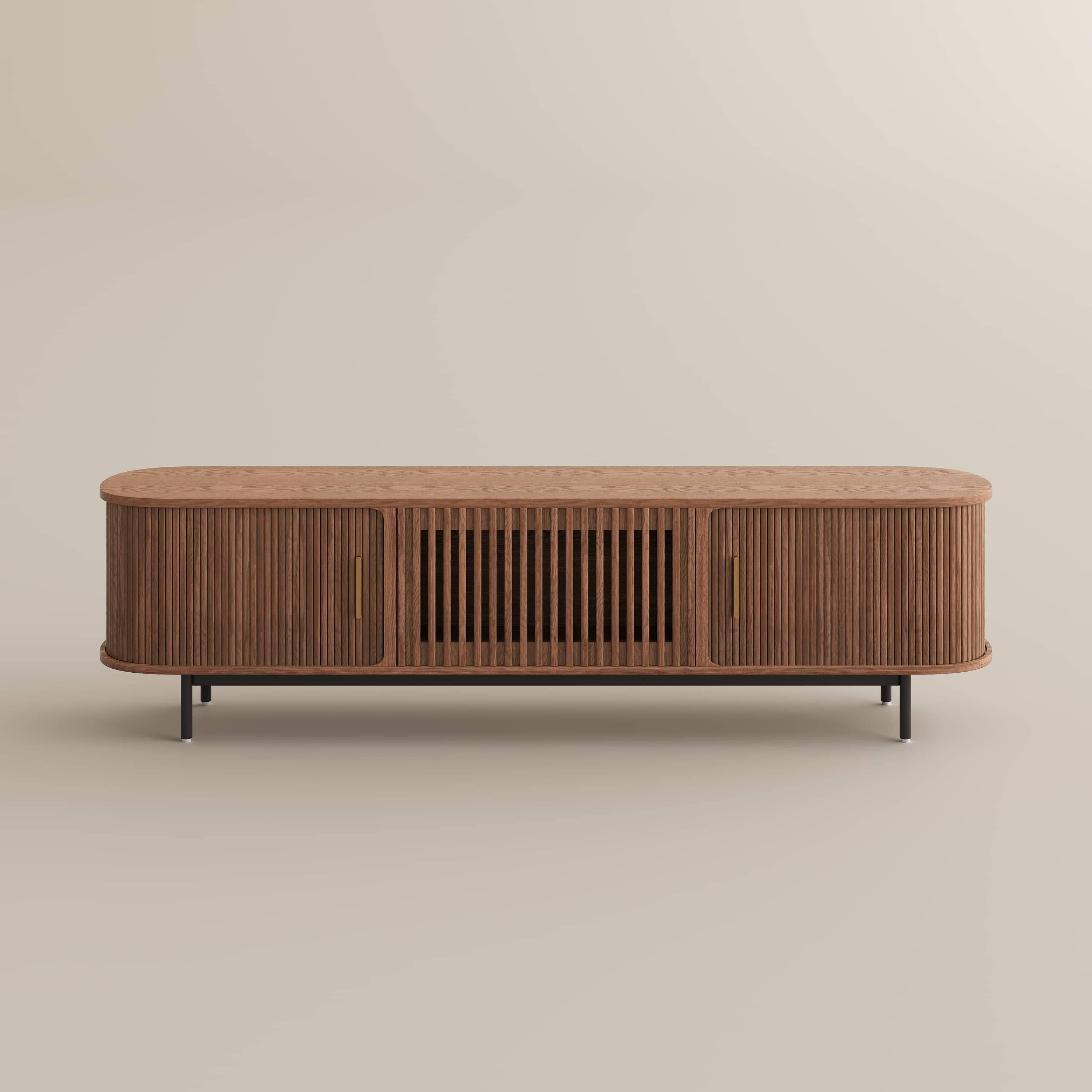 Alt View 9. POVISON - 79"Mid-Century Modern Tambour Door TV Stand ,Walnut with LED Lights - Walnut with LED Lights.