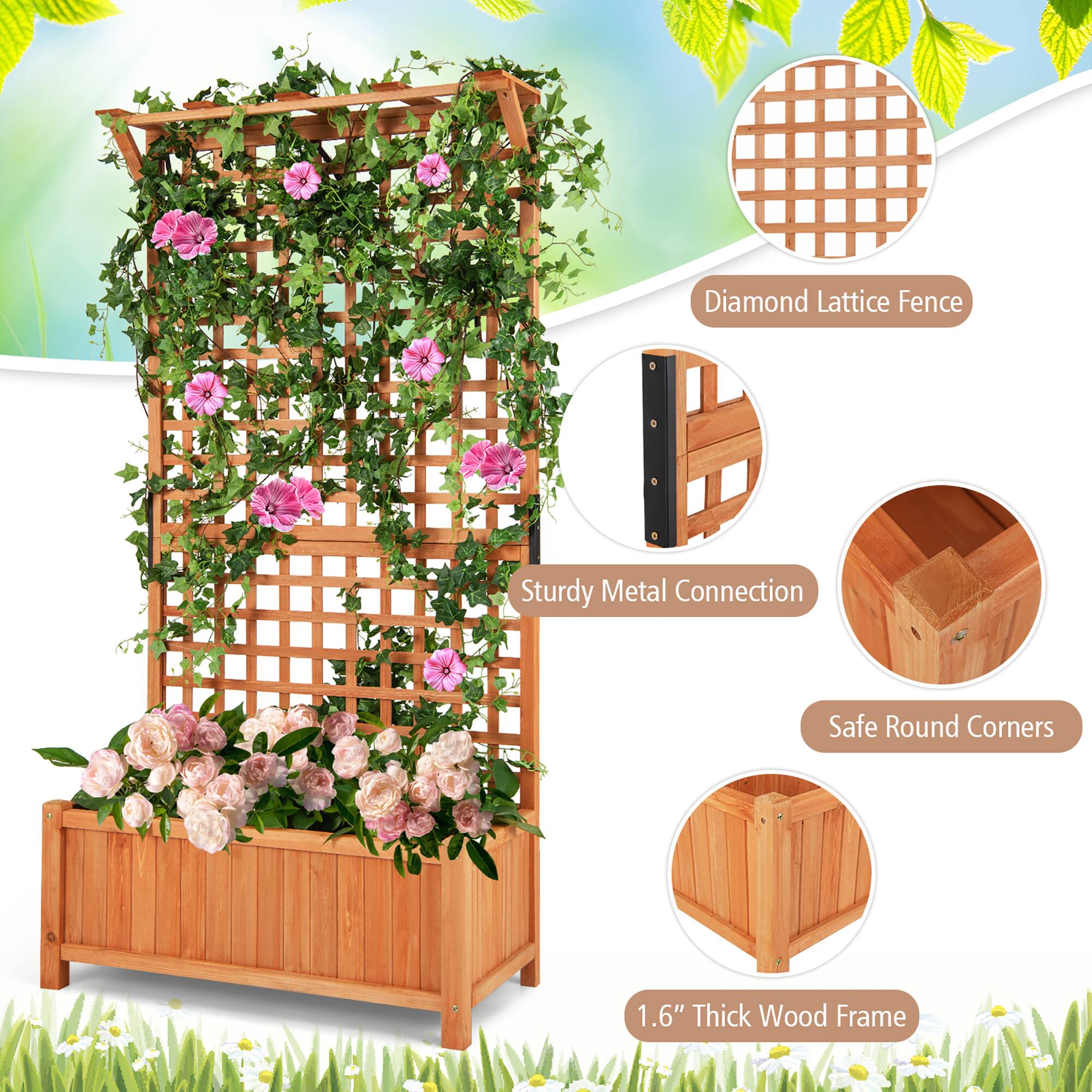 The text on the image is grouped as follows:

1. Diamond Lattice Fence
2. Sturdy Metal Connection
3. Safe Round Corners
4. 1.6" Thick Wood Frame