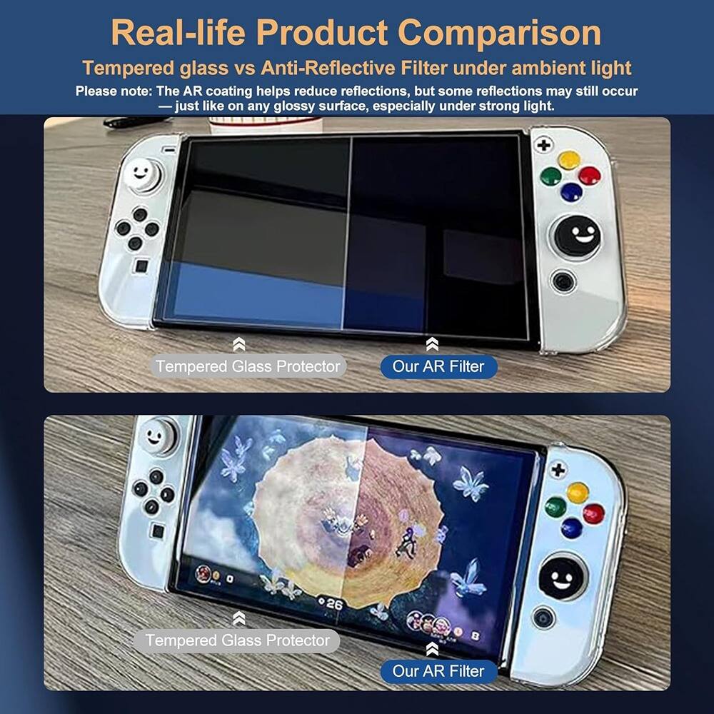 Real-life Product Comparison  
Tempered glass vs Anti-Reflective Filter under ambient light  

Please note: The AR coating helps reduce reflections, but some reflections may still occur just like on any glossy surface, especially under strong light.  

Tempered Glass Protector | Our AR Filter  

Tempered Glass Protector | Our AR Filter