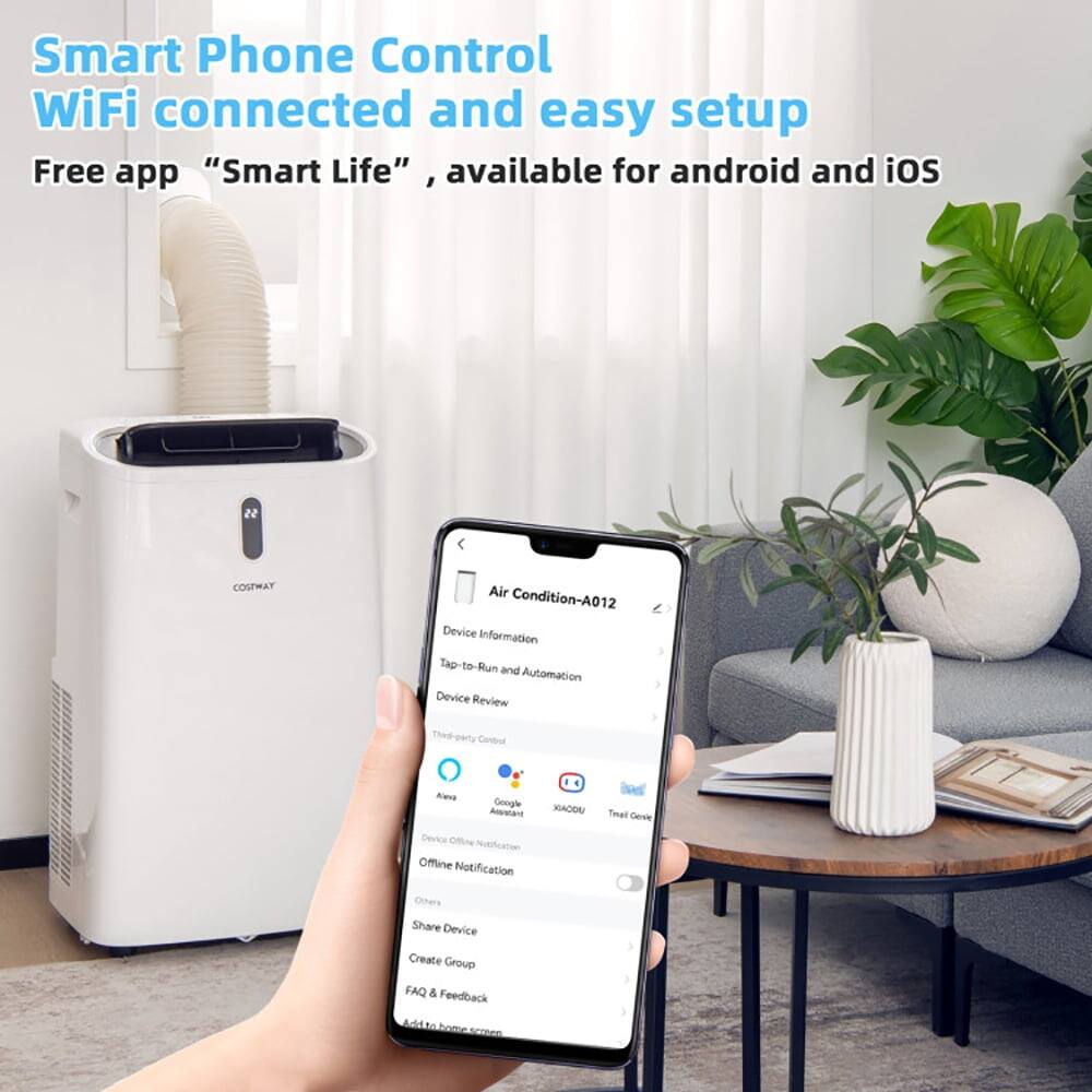 Smart Phone Control  
WiFi connected and easy setup  

Free app "Smart Life", available for android and iOS  

Device information  
Tap-to-Run and Automation  
Device Review  

Third-party Control  
Alexa  
Google Assistant  

Offline Notification  
Others  
Share Device  
Create Group  
FAQ & Feedback  

Add to home screen