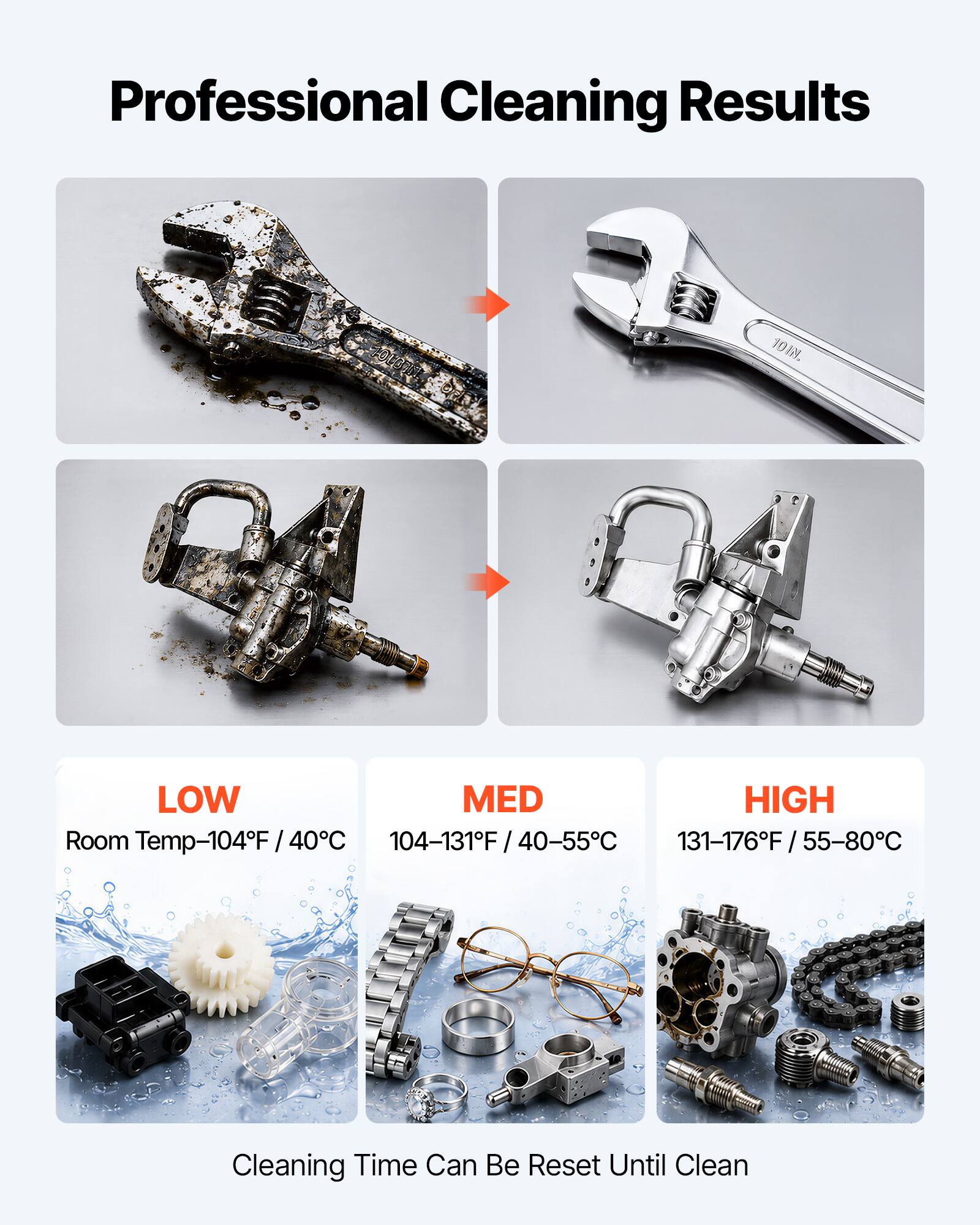 Professional Cleaning Results

LOW
Room Temp-104°F / 40°C

MED
104-131°F / 40-55°C

HIGH
131-176°F / 55-80°C

Cleaning Time Can Be Reset Until Clean