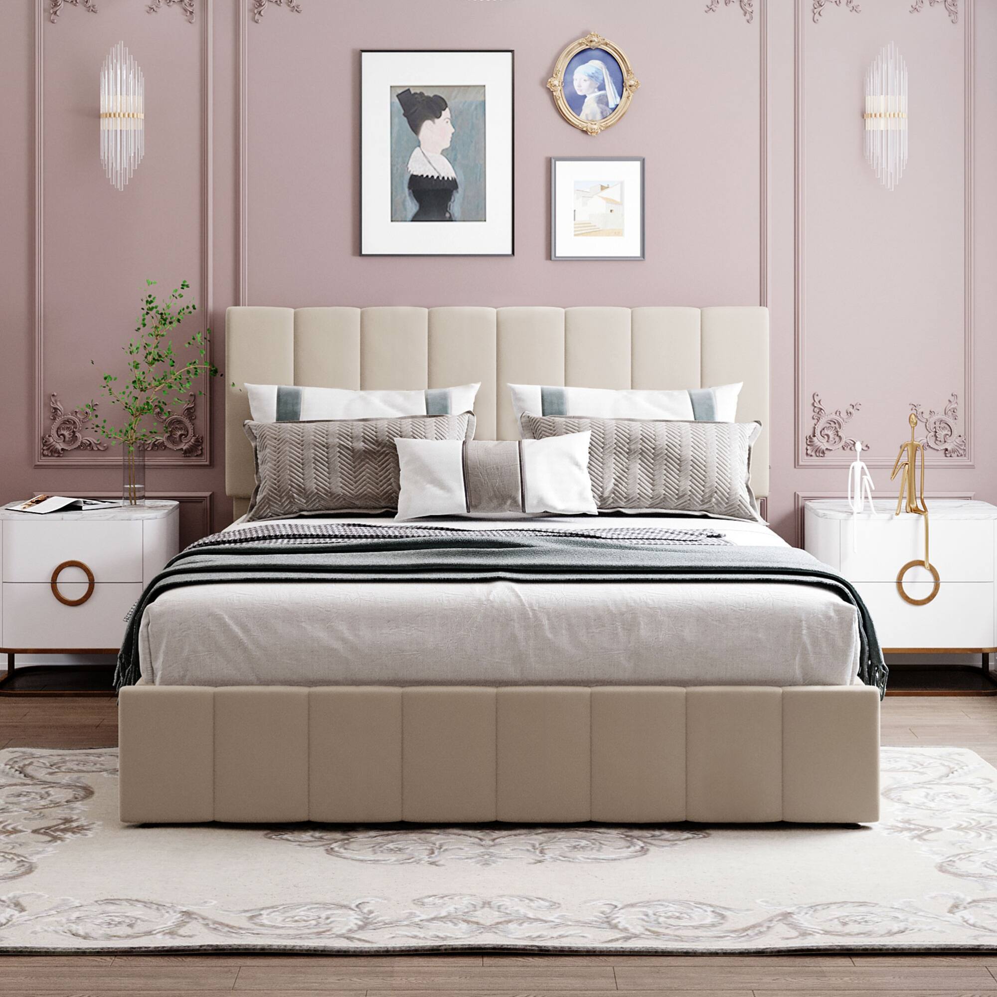 Left. GOODSILO - Queen Size Upholstered Platform Bed with Hydraulic Storage System - Beige.