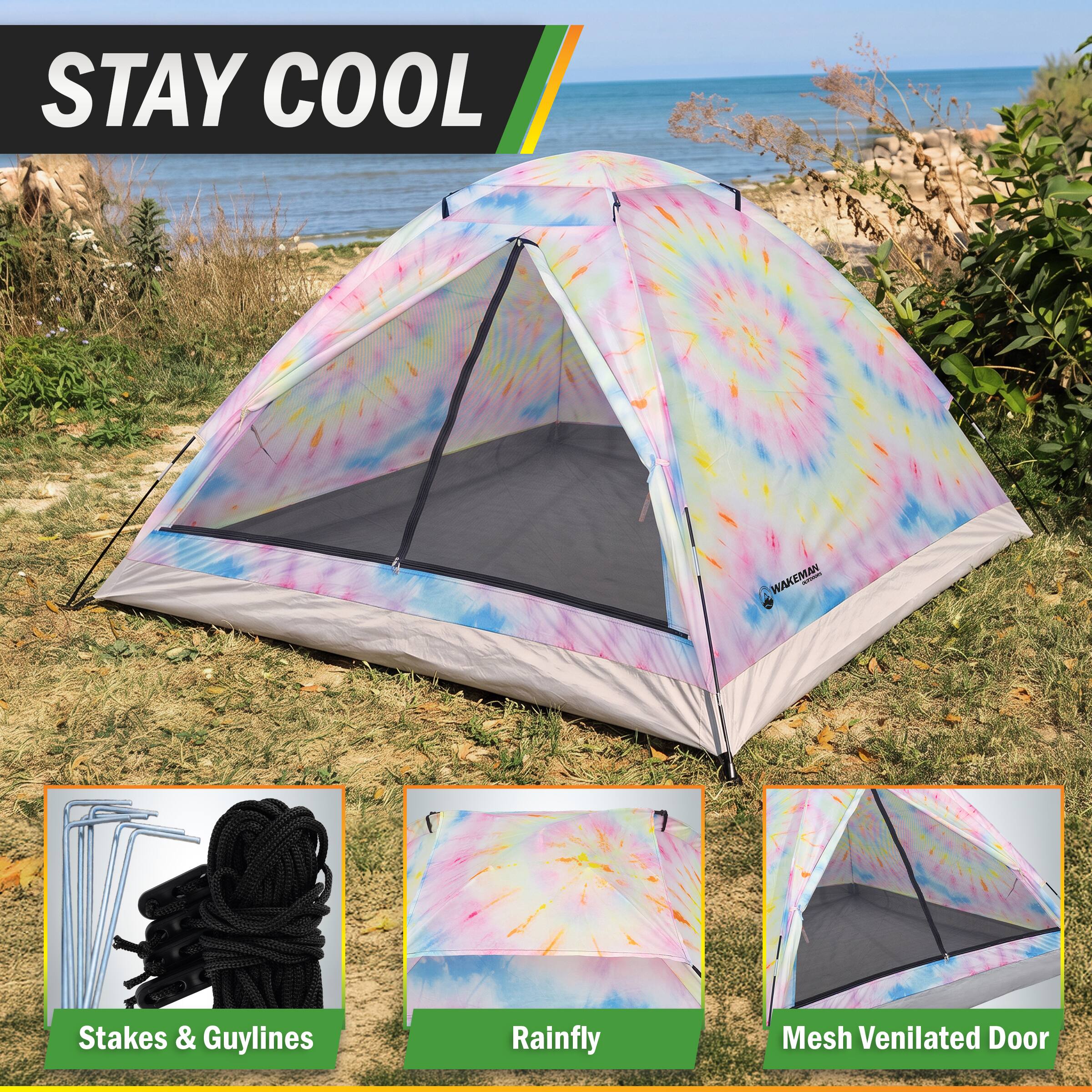 STAY COOL

WAKEMAN

- Stakes & Guylines
- Rainfly
- Mesh Ventilated Door