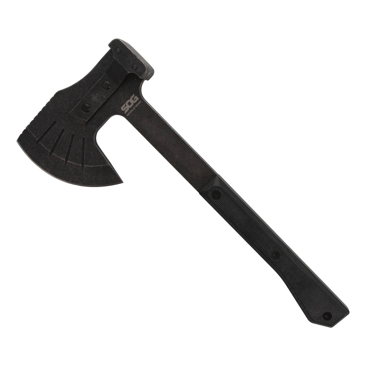 Left. SOG - Tactical Bushcraft Hatchet with 4.24" Steel Cutting Head, Nylon Blade Cover.