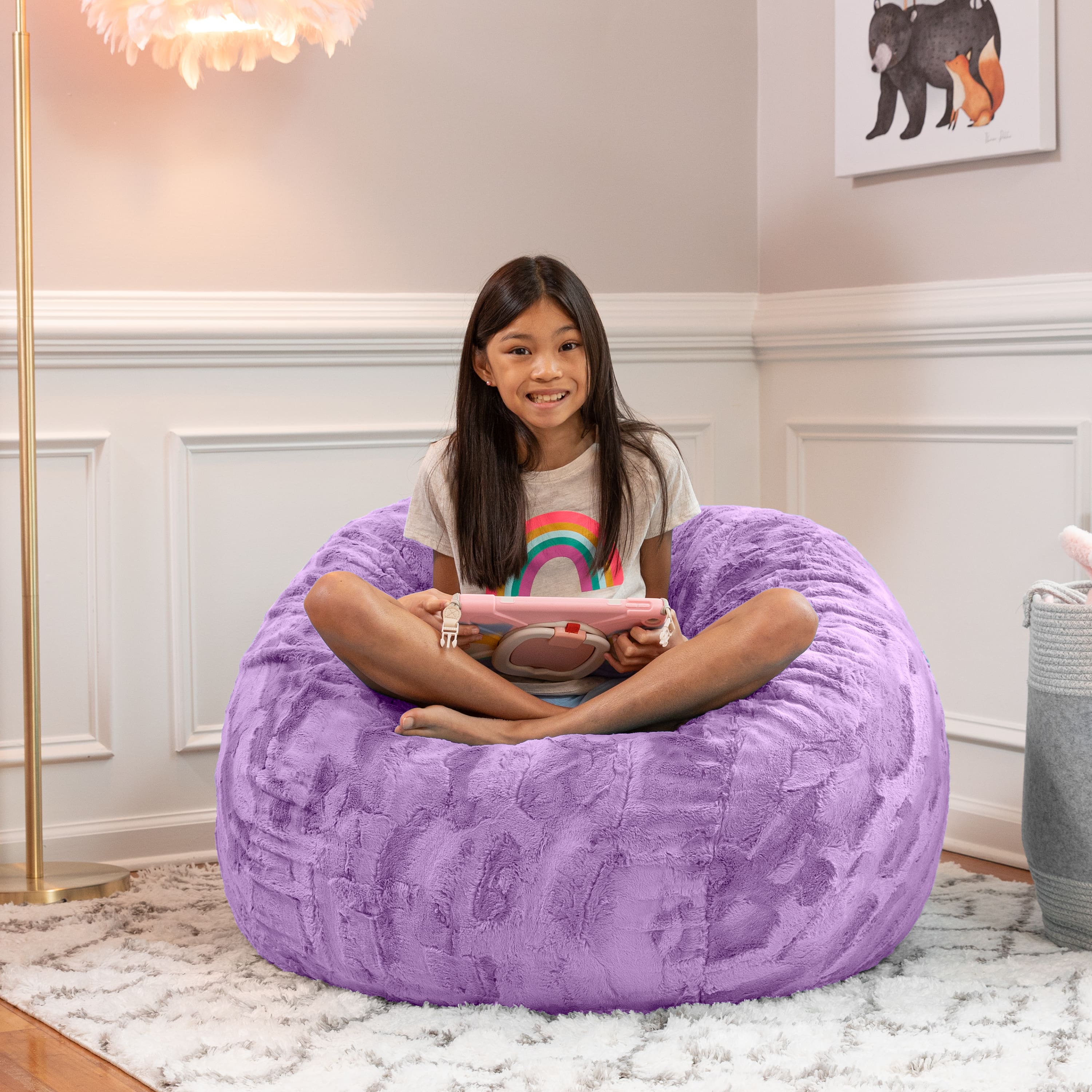 Jaxx - Saxx 3 Foot Bean Bag Chair - Faux Fur - Fun Colors, Bellflower Purple - Faux Fur - Bellflower Purple