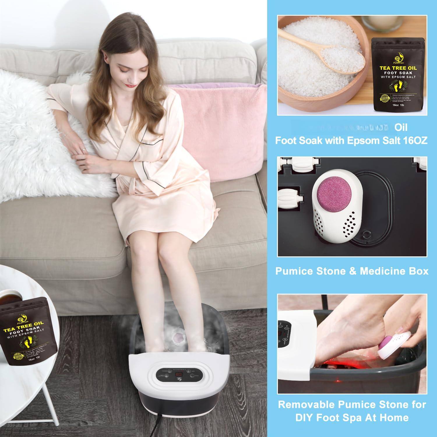 TEA TREE OIL FOOT SOAK  
- Oil Foot Soak with Epsom Salt 16OZ  
- Pumice Stone & Medicine Box  
- Removable Pumice Stone for DIY Foot Spa At Home  

Foot Soak with Epsom Salt 16OZ  
Pumice Stone & Medicine Box  
Removable Pumice Stone for DIY Foot Spa At Home