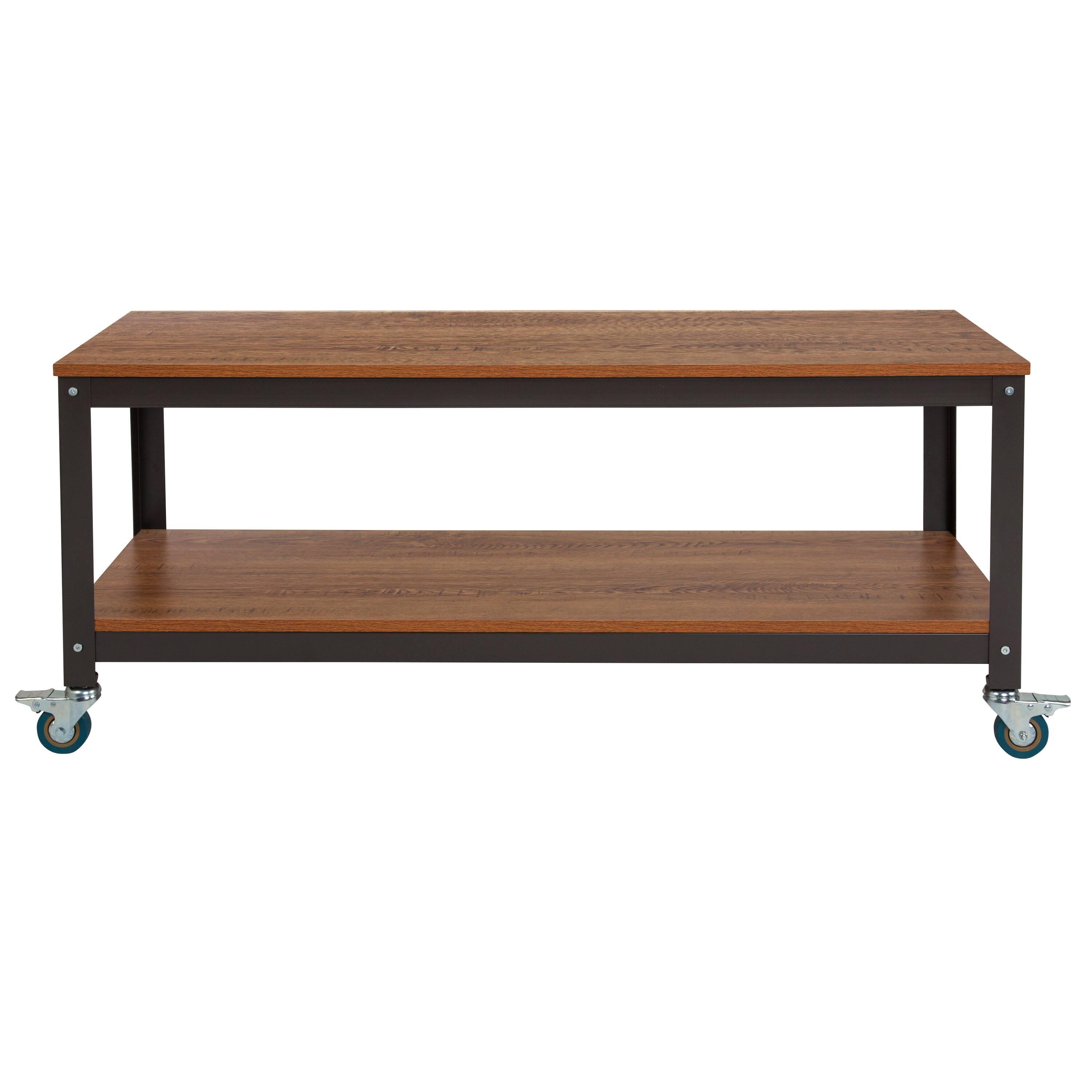 Alt View 3. Emma + Oliver - TV Stand in Wood Grain Finish with Metal Wheels - Brown Oak.