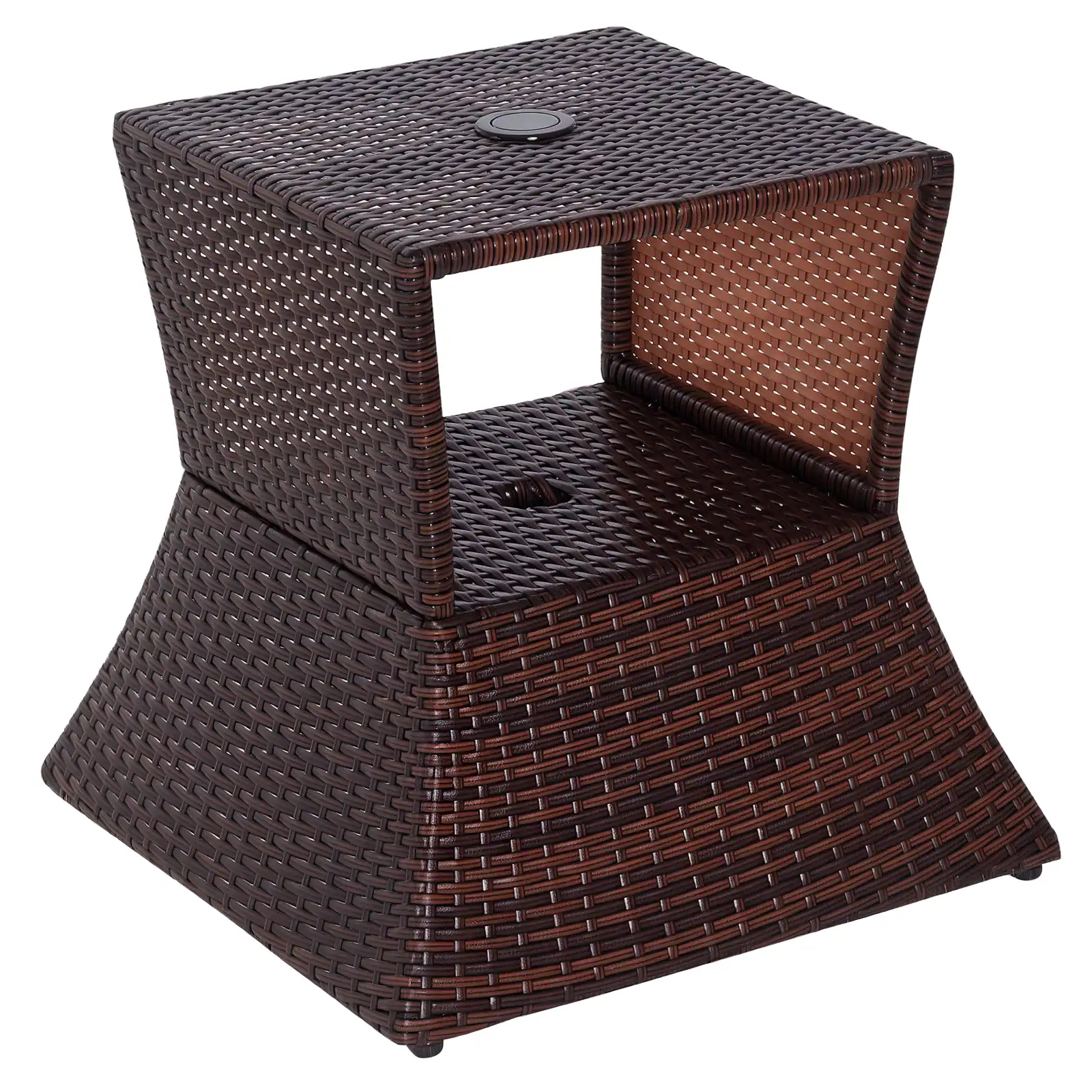 Front. Outsunny - Outdoor Side Table with Umbrella Hole, 2 Tier Rattan Wicker End Table with Storage Shelf, All Weather for Outdoor - Brown.