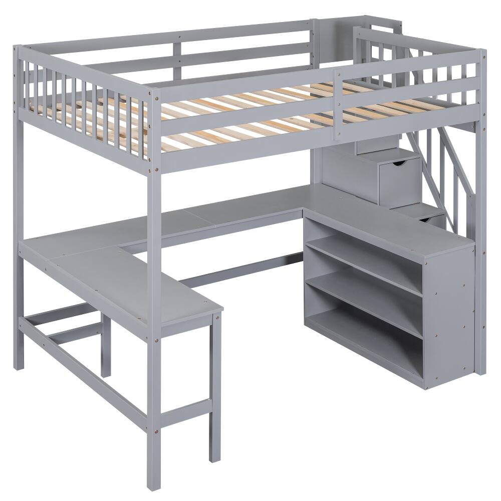 Alt View 10. Loheer - Loheer Full Size Loft Bed with Desk, Gray Loft Bed with Storage Stairs and Shelves, Pine Wood - Gray.