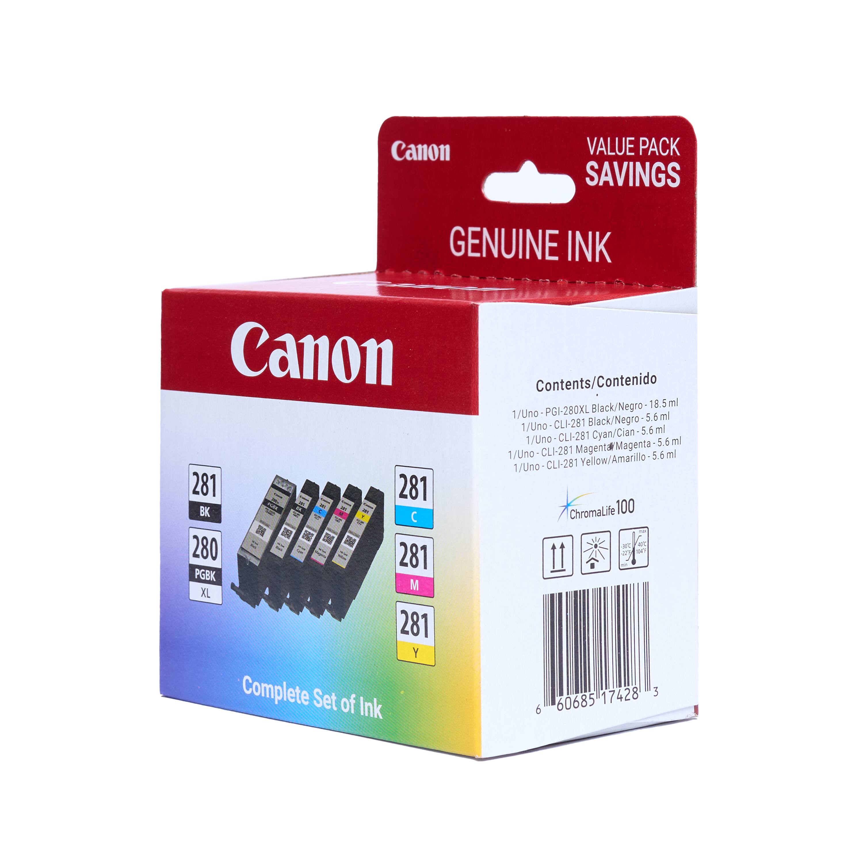 Canon Value Pack Saving Genuine Ink Canon 281 281 BK - C DN  280 281 PGBK M XL 281 Y Complete Set of Ink Contents/Contenido Black/Negro 18.5 ml 1/Uno PGI-280XL ml Black/Negro 5 1/Uno CLI-281 ml Cyan/Cian- 5.6 1/Uno CLI-281 5.6 ml CLI-281 Magenta 1/Uno Yellow/Amarillo- 5.6 ml CLI-281 Yellow/ 1/Uno ChromaLife 100 a a  17428 3 6 60685