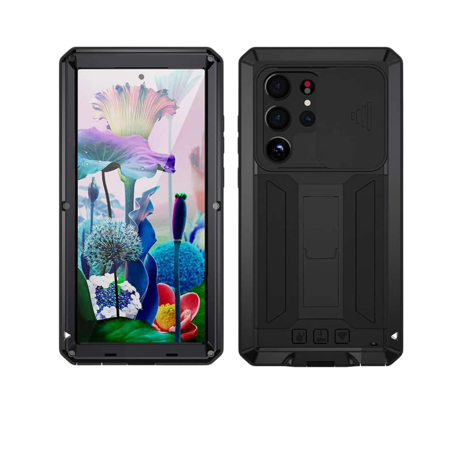 Stock Preferred - Shockproof Aluminum Stand Case for Samsung Galaxy S23 Ultra – Heavy-Duty, Rugged, Full-Body Protection - Metallic Silver / Black Frame