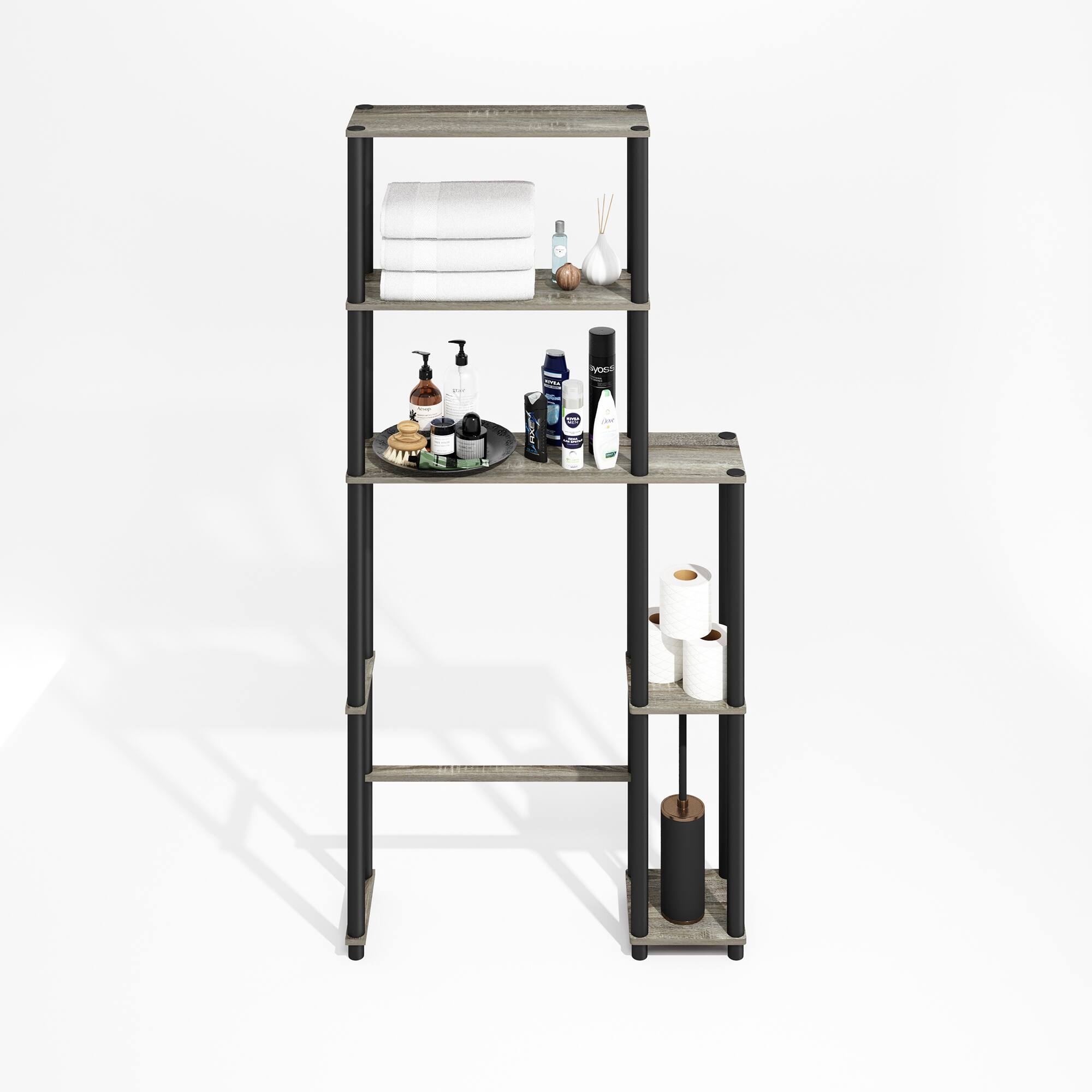 Alt View 4. Furinno - Turn-N-Tube Freestanding Over-The-Toilet Storage Rack with 5 Shelves - Grey Oak/Black.
