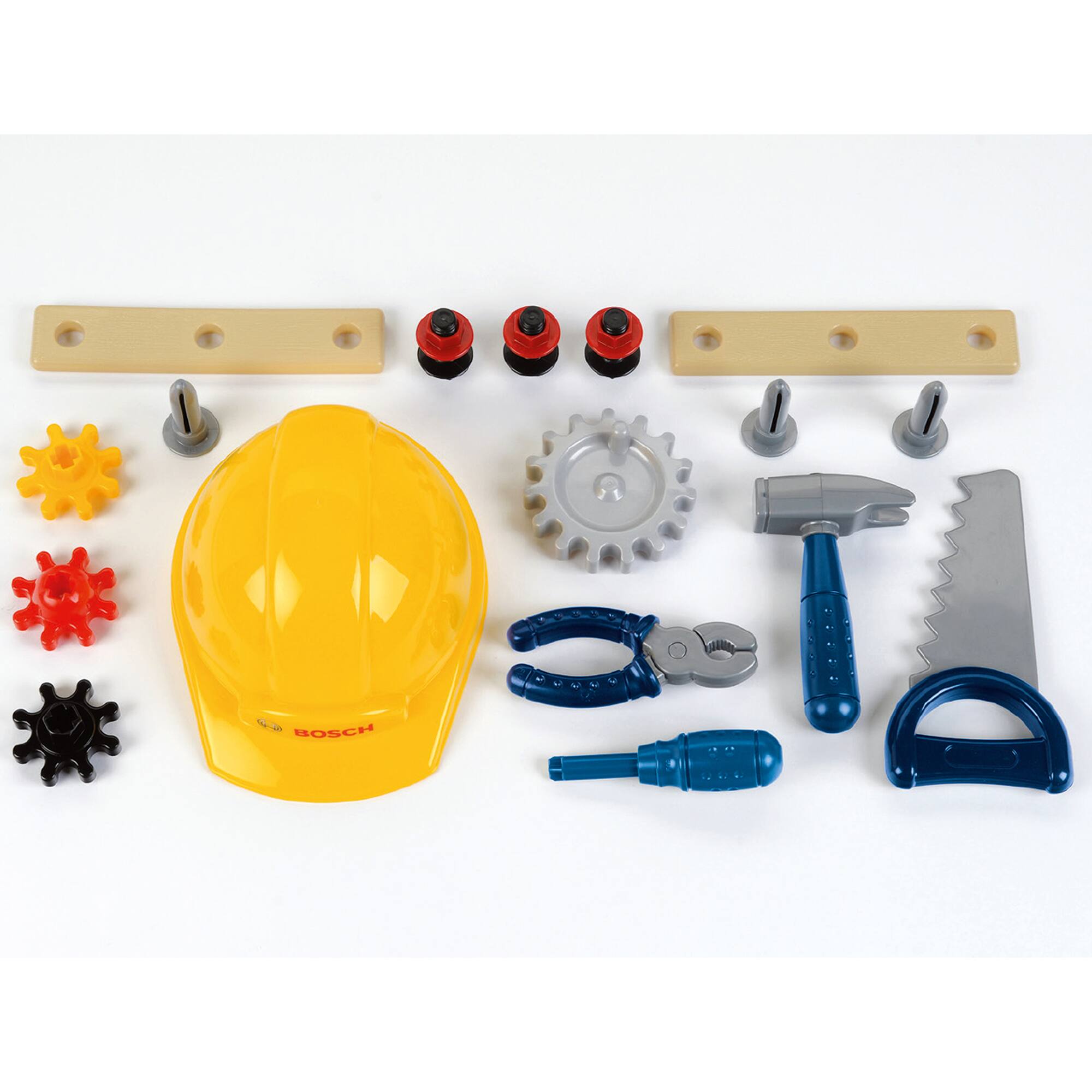 The text on the image reads "S2 BOSCH -TA." This is likely a reference to the Bosch brand, which is known for its high-quality tools and equipment. The image features a collection of tools, including a yellow hard hat, a blue hammer, and various other items, all laid out on a white surface. The presence of the Bosch brand suggests that these tools are of good quality and designed for professional use.