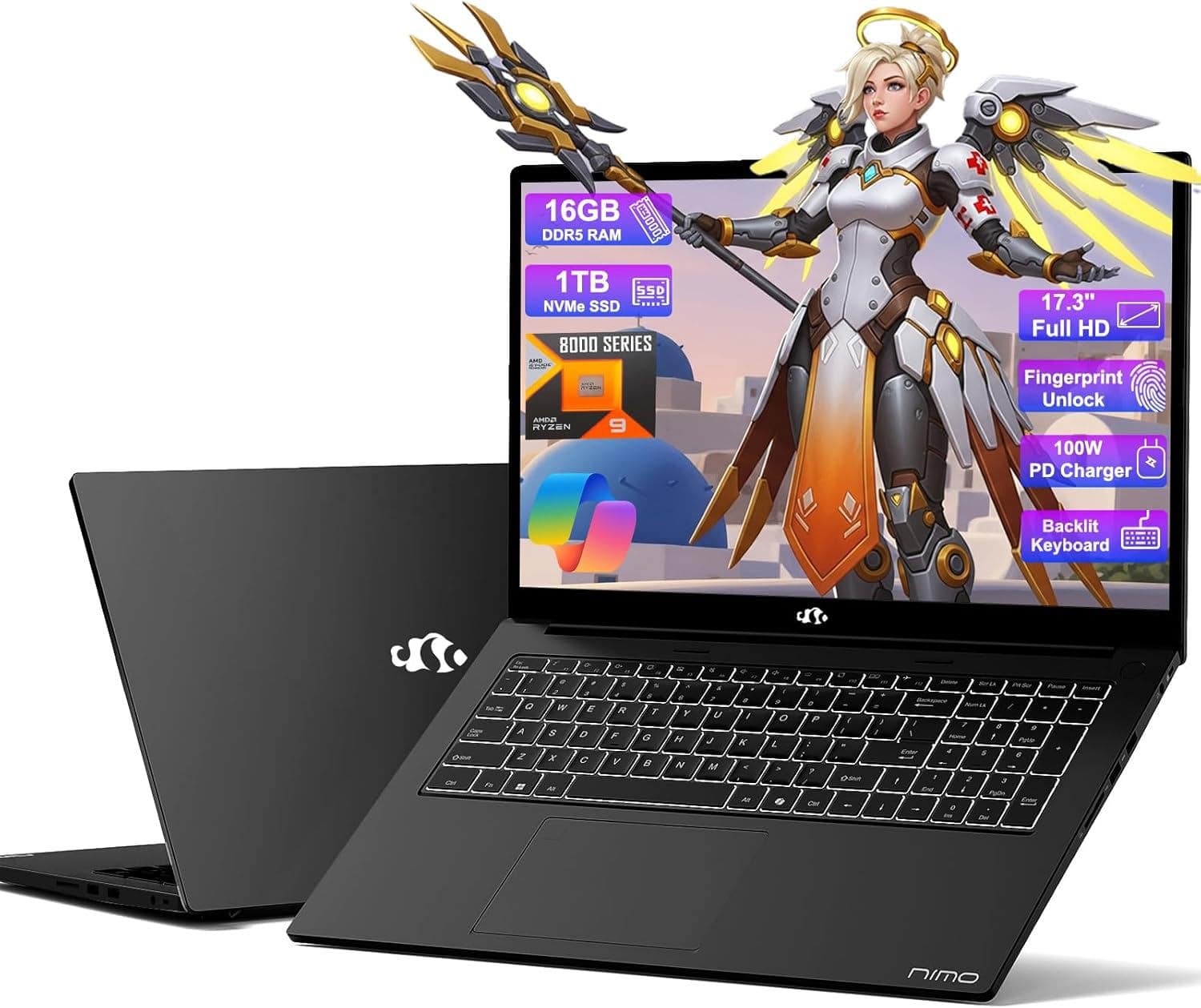 NIMO - 17.3 Gaming-Laptop AI Ryzen 9 8945HS 16GB RAM 1TB SSD USB-C 4.0 AI-Enhanced for Copilot VR Ready - Black