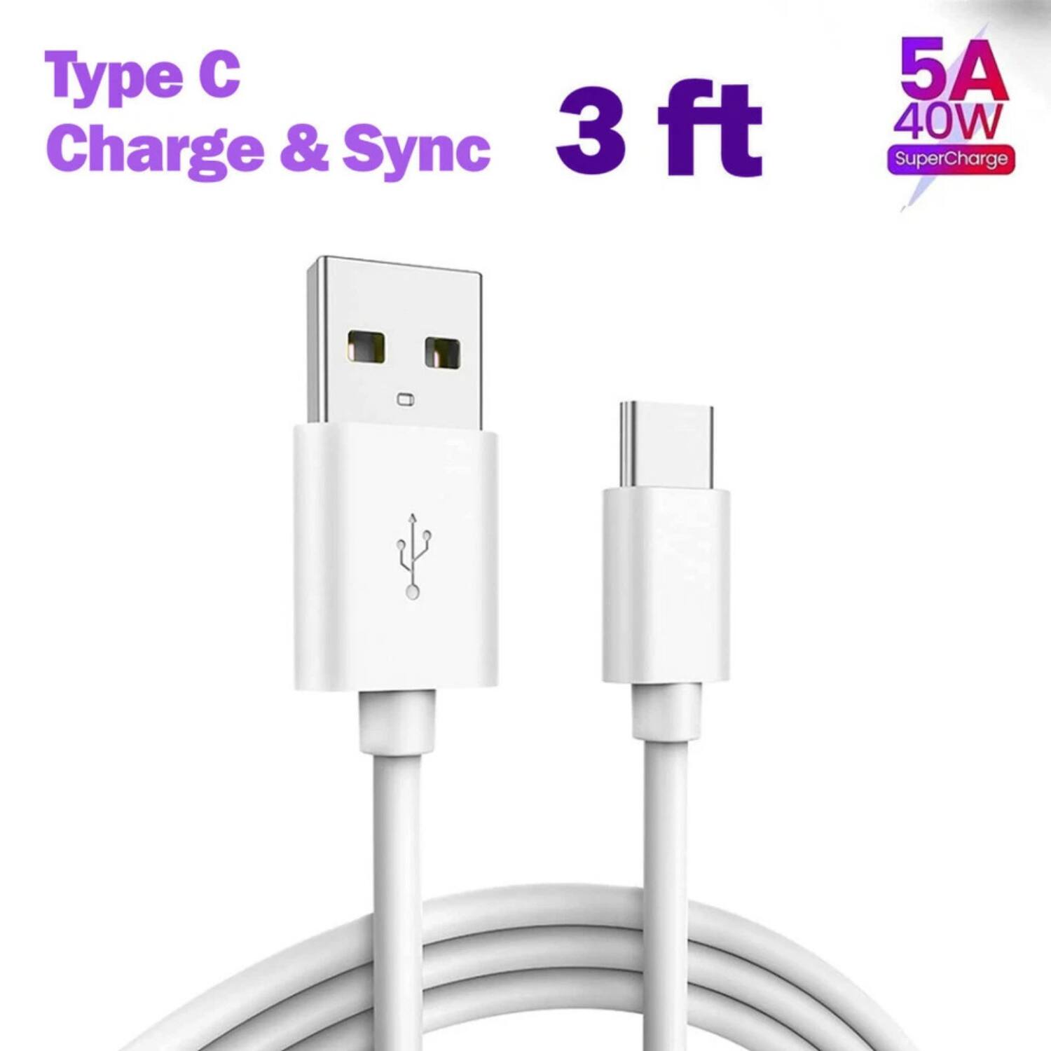 Type C  
Charge & Sync  
3 ft  
5A 40W SuperCharge