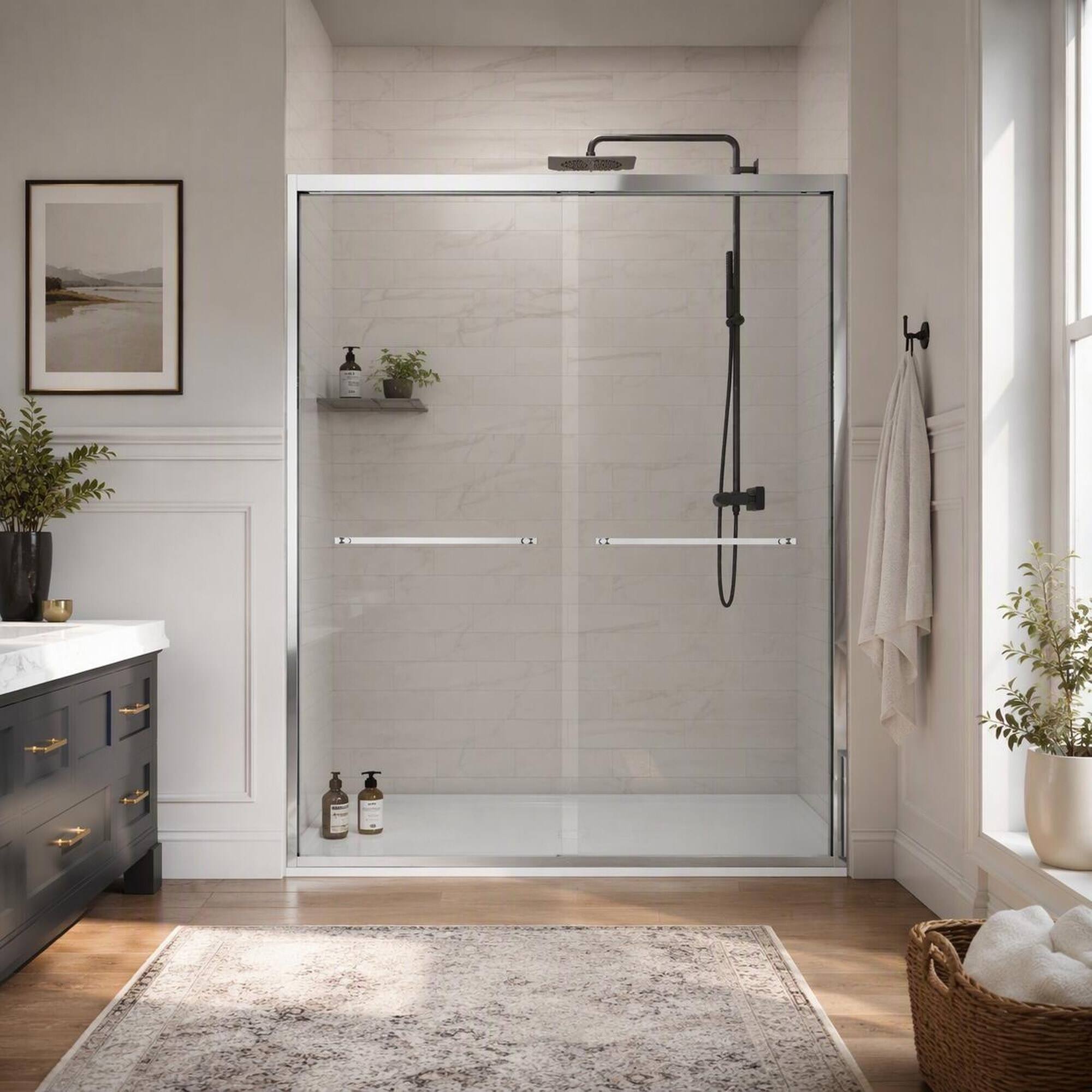 Angle. RYHNUYNE - 56-60 In X 70 In Aluminum Frame Double Sliding Shower Door, 5/16 In Clear Tempered Glass Chrome Finish - Chrome.