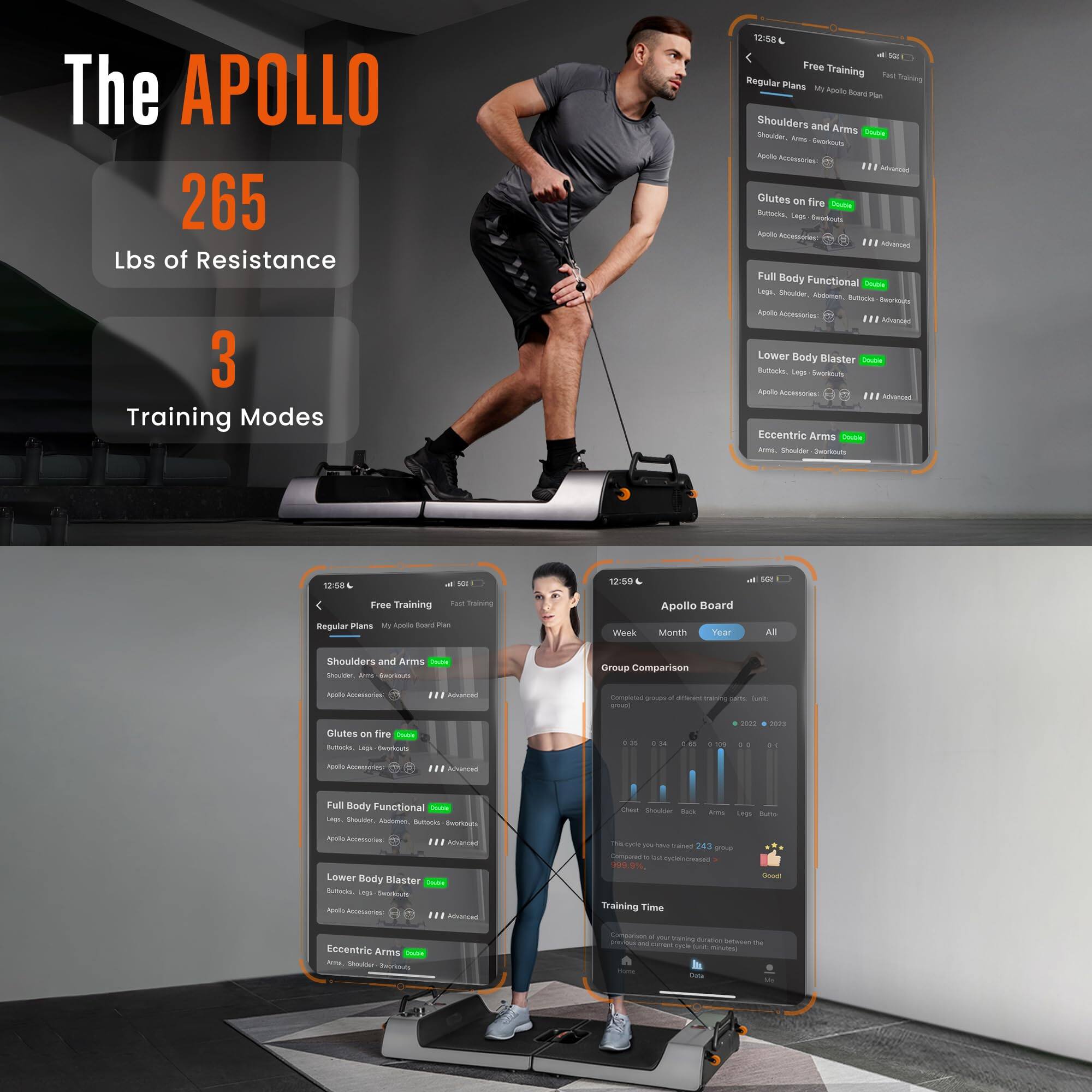 The APOLLO  
265 Lbs of Resistance  
3 Training Modes  

12:56  
Free Training  
Regular Plans  
My Apollo Board Plan  

Shoulders and Arms  
Shoulder, Arm, Back  
Apollo Accessories:  
-  
|| Advanced  

Glutes on fire  
Buttocks, Legs, Back  
Apollo Accessories:  
-  
|| Advanced  

Full Body Functional  
Legs, Shoulders, Abs, Buttocks, Back  
Apollo Accessories:  
-  
|| Advanced  

Lower Body Blaster  
Buttocks, Legs, Back  
Apollo Accessories:  
-  
|| Advanced  

Eccentric Arms  
Arms, Shoulders, Back  

12:59  
Apollo Board  
Week  
Month  
Year  
All  

Group Comparison  
-  
-  
-  
-  
-  
-  
-  
-  
-  
-  
-  
-  
-  
-  
-  
-  
-  
-  
-  
-  
-  
-  
-  
-  
-  
-  
-  
-  
-  
-  
-  
-  
-  
-  
-  
-  
-  
-  
-  
-  
-  
-  
-  
-  
-  
-  
-  
-  
-
