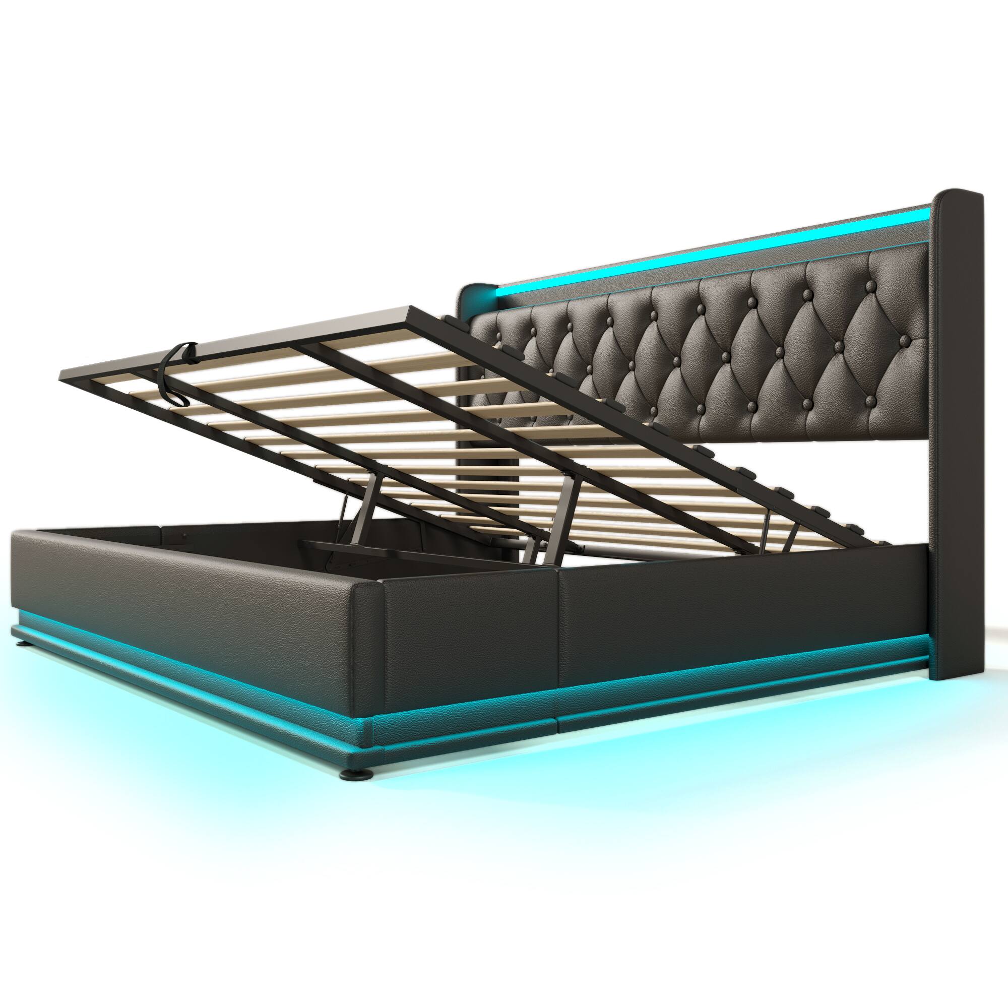 Alt View 5. Spaco - Spaco King Storage Bed with Hydraulic Lift, 360 LED Lighting, USB C Charging, Remote Control for Bedroom - Black.