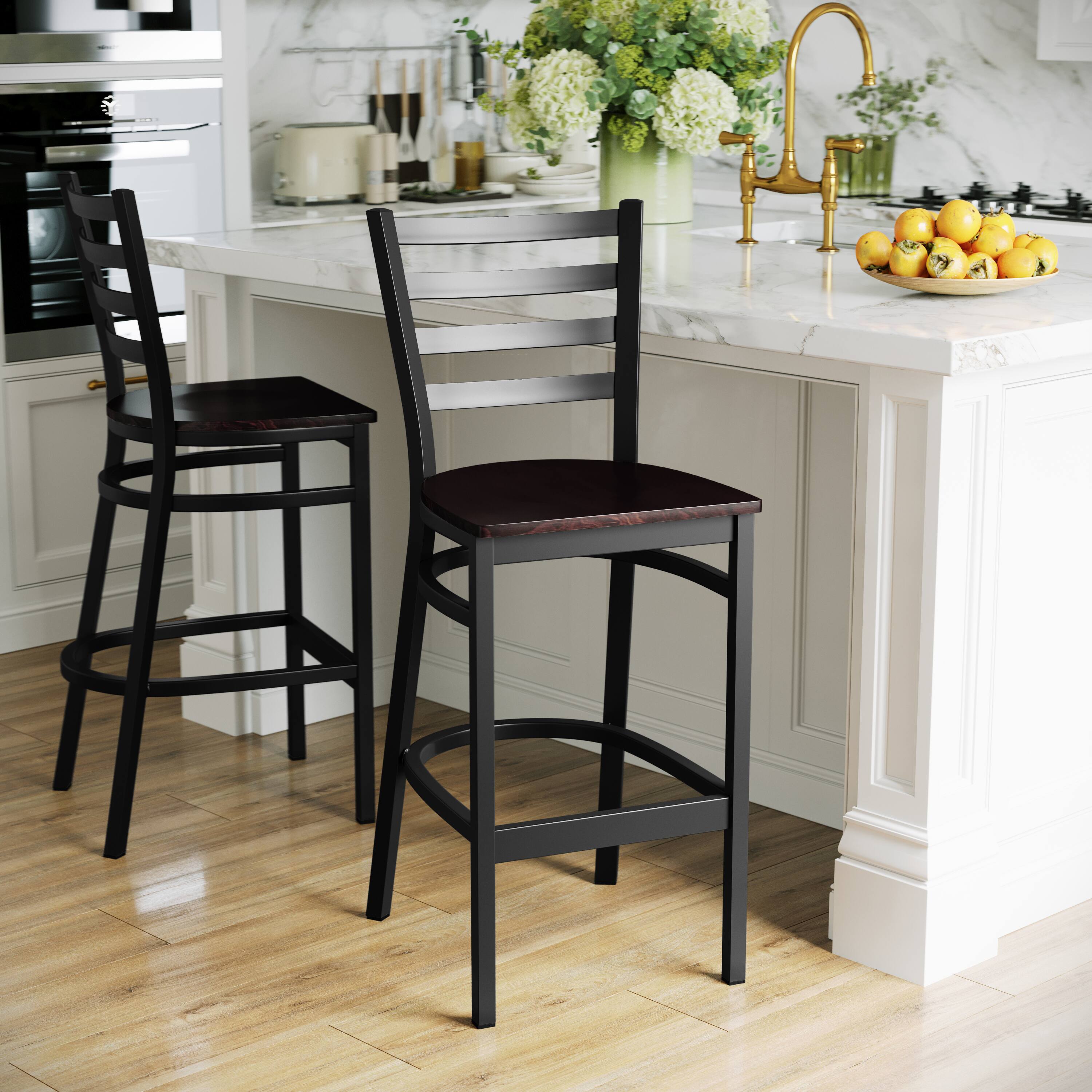 Alt View 3. Emma + Oliver - Ladder Back Metal Restaurant Dining Barstool - Walnut Wood Seat/Black Metal Frame.